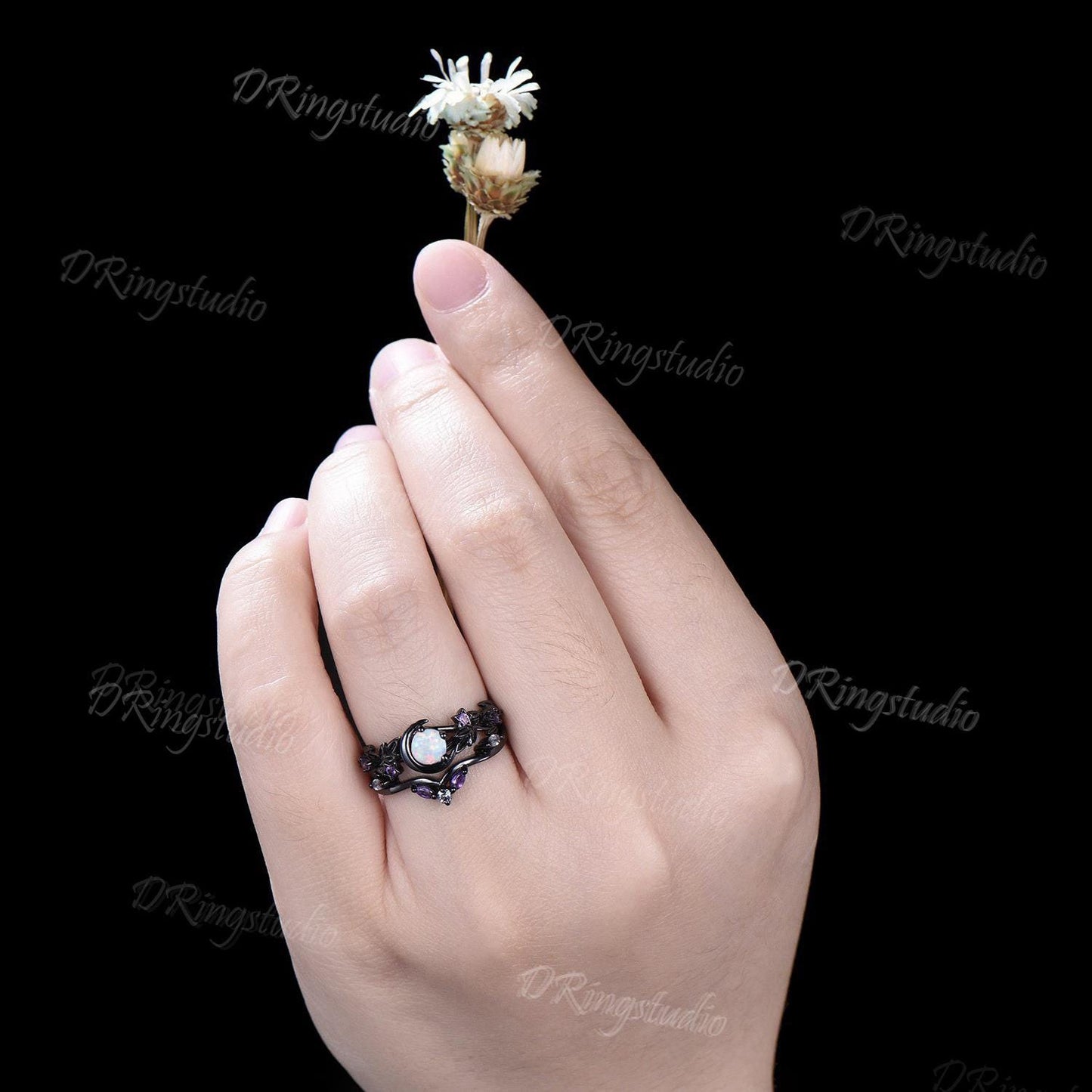 Moon Star White Opal Engagement Ring Gothic Black Gold Round Fire Opal Wedding Ring Set Branch Leaf Vine Bridal Ring Set Anniversary Gift