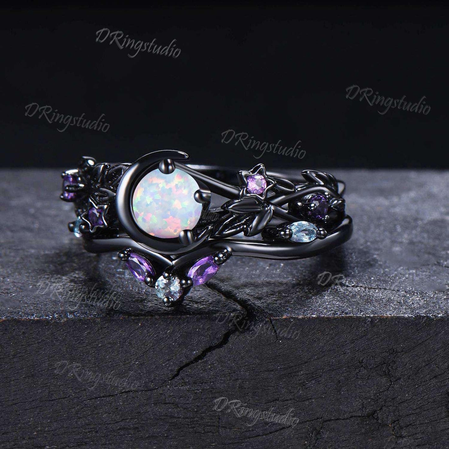 Moon Star White Opal Engagement Ring Gothic Black Gold Round Fire Opal Wedding Ring Set Branch Leaf Vine Bridal Ring Set Anniversary Gift