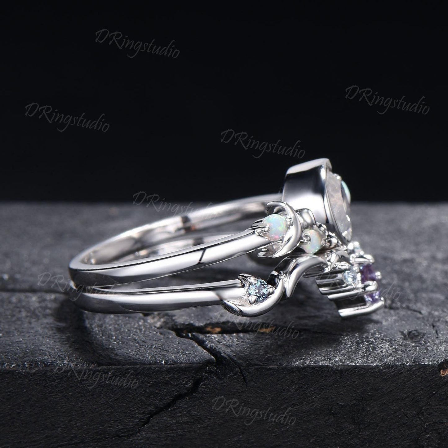 Celestial Moon Rainbow Moonstone Engagement Ring Set 14K White Gold Round Natural Moonstone Bridal Set Cluster Opal Alexandrite Wedding Ring