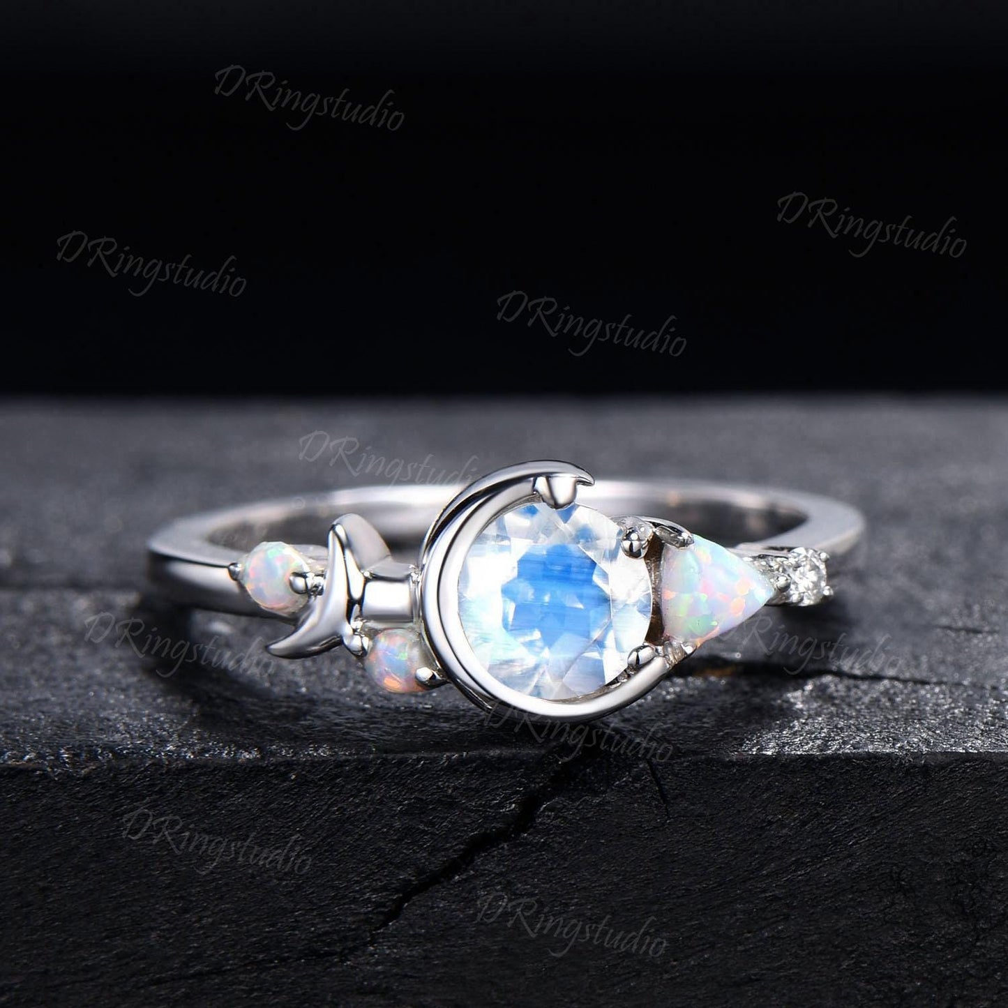 Celestial Moon Rainbow Moonstone Engagement Ring Set 14K White Gold Round Natural Moonstone Bridal Set Cluster Opal Alexandrite Wedding Ring