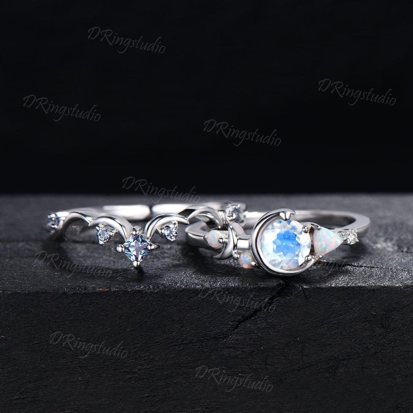 Celestial Moon Rainbow Moonstone Engagement Ring Set 14K White Gold Round Natural Moonstone Bridal Set Cluster Opal Alexandrite Wedding Ring