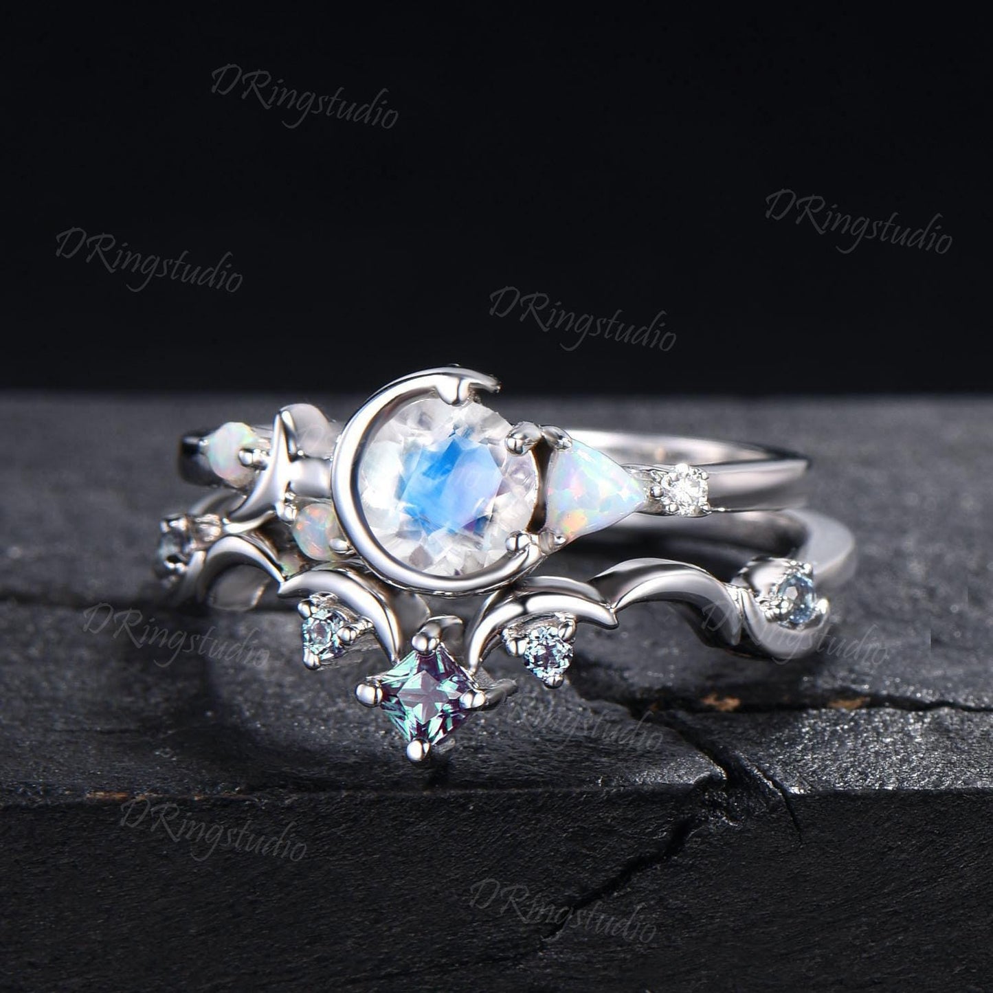 Celestial Moon Rainbow Moonstone Engagement Ring Set 14K White Gold Round Natural Moonstone Bridal Set Cluster Opal Alexandrite Wedding Ring