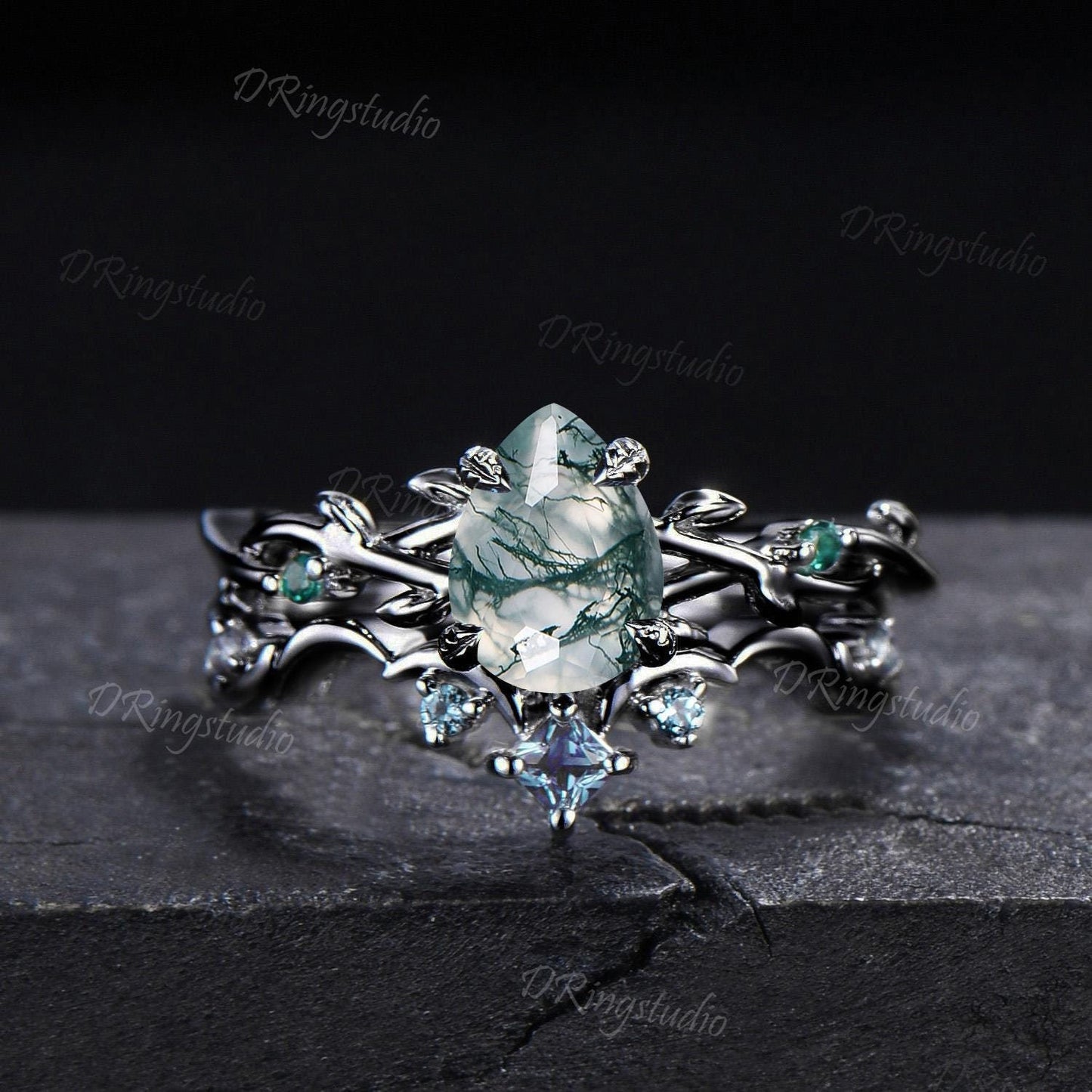 Gothic Black Moss Agate Engagement Ring 1.25ct Pear Shaped Natural Green Moss Bridal Set Black Gold Twig Leaf Wedding Ring Anniversary Gift