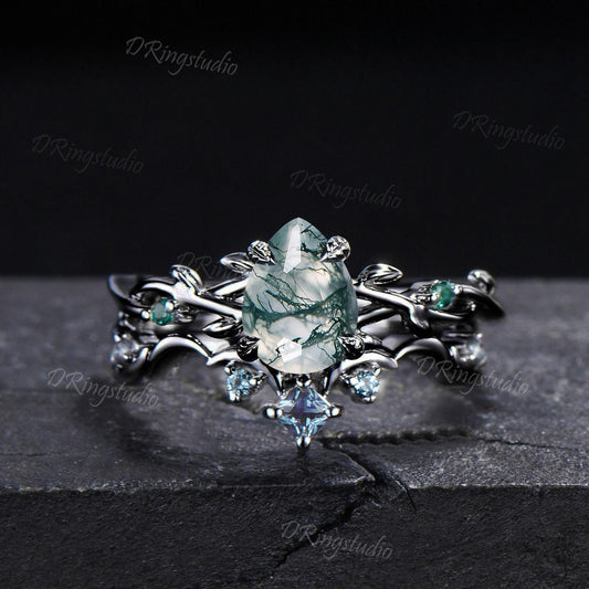 Gothic Black Moss Agate Engagement Ring 1.25ct Pear Shaped Natural Green Moss Bridal Set Black Gold Twig Leaf Wedding Ring Anniversary Gift