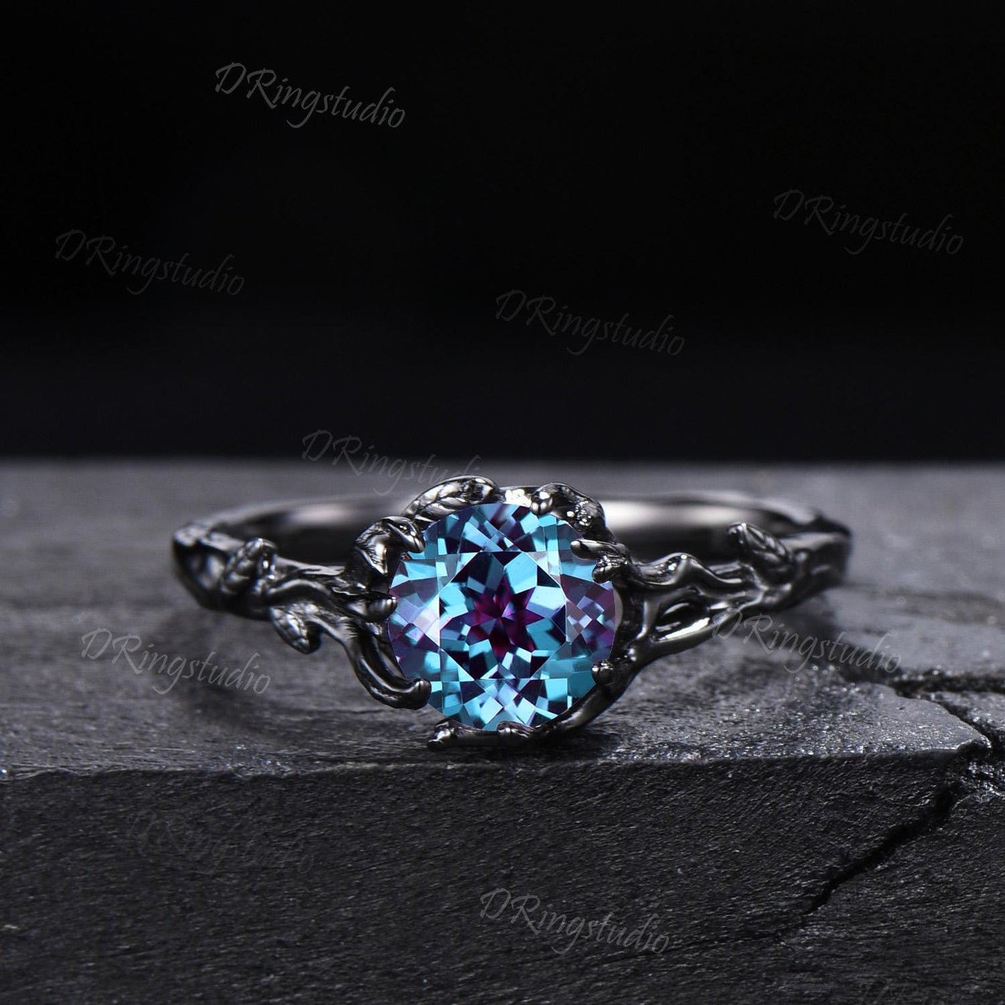 Black GoldGothic Alexandrite Wedding Ring Goth Engagement Ring Leaf Branch Bridal Ring Set June Birthstone Witchy Jewelry