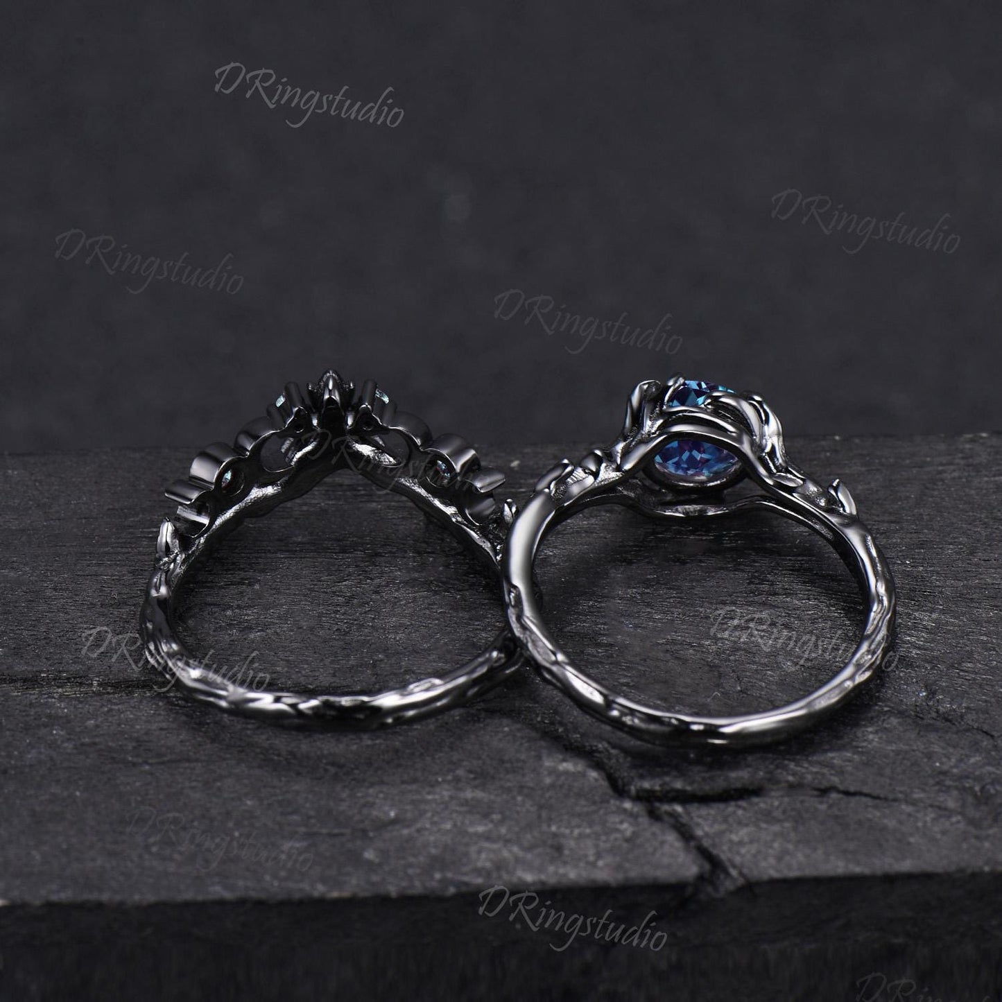 Black GoldGothic Alexandrite Wedding Ring Goth Engagement Ring Leaf Branch Bridal Ring Set June Birthstone Witchy Jewelry