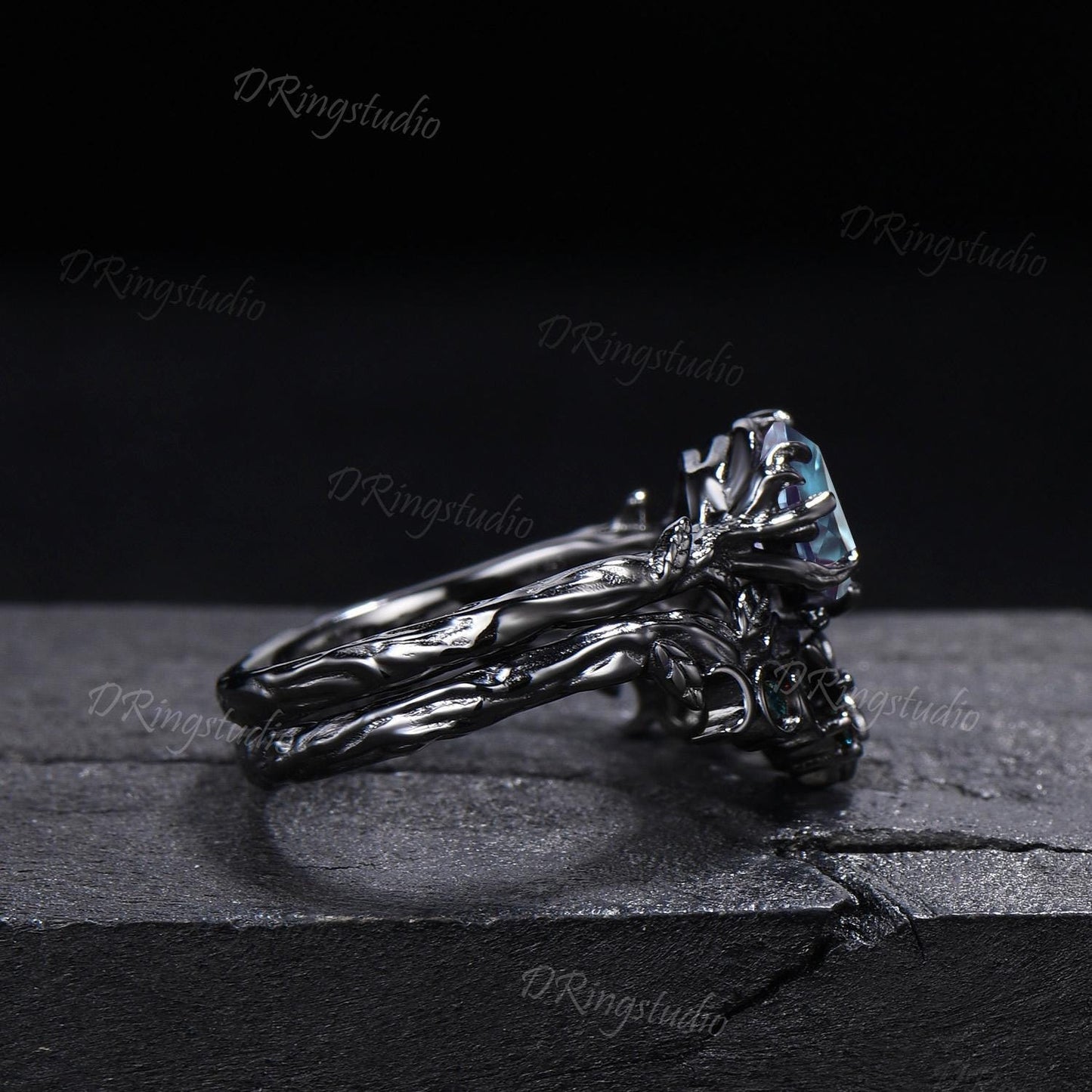 Black GoldGothic Alexandrite Wedding Ring Goth Engagement Ring Leaf Branch Bridal Ring Set June Birthstone Witchy Jewelry