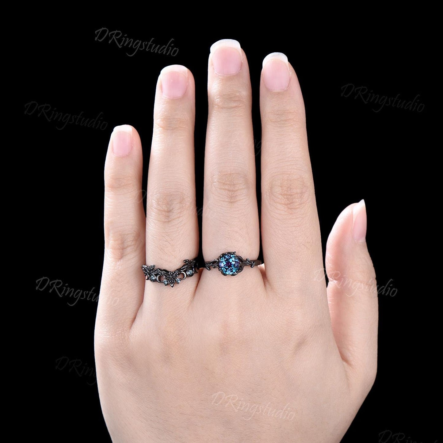 Black GoldGothic Alexandrite Wedding Ring Goth Engagement Ring Leaf Branch Bridal Ring Set June Birthstone Witchy Jewelry