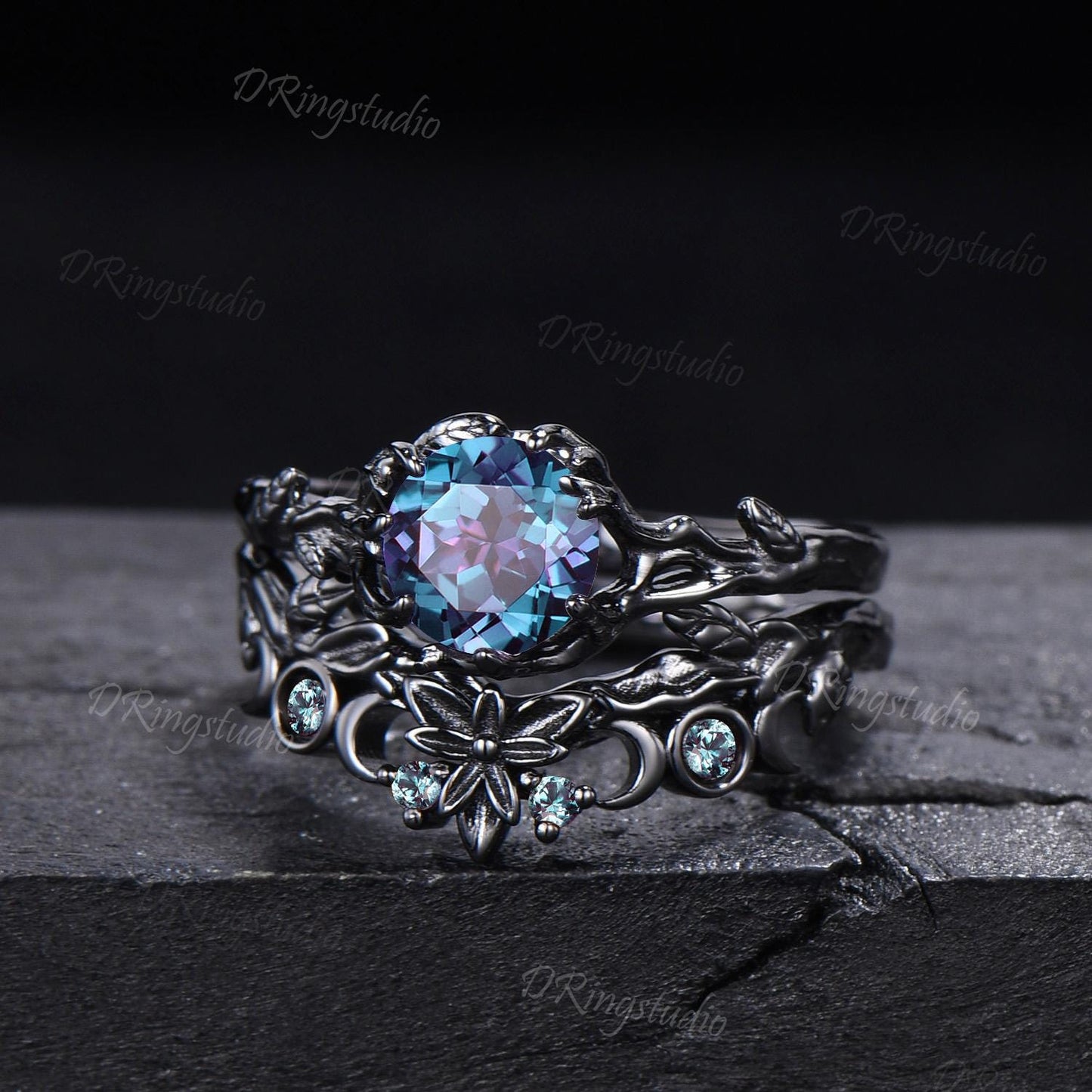Black GoldGothic Alexandrite Wedding Ring Goth Engagement Ring Leaf Branch Bridal Ring Set June Birthstone Witchy Jewelry