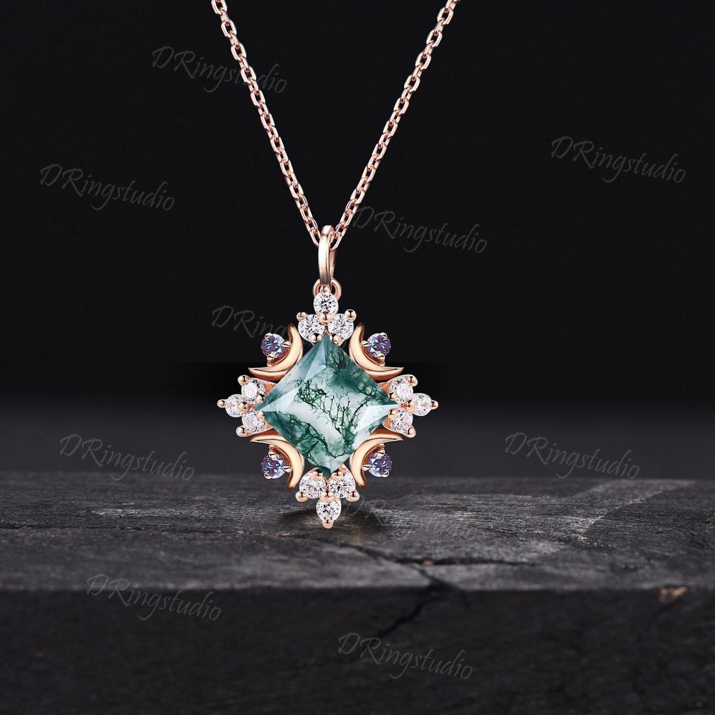 Art Deco Princess Cut Natural Moss Agate Necklace Celestial Moon Charm Necklace Cluster Green Moss Moissanite Pendant Minimalist Necklace