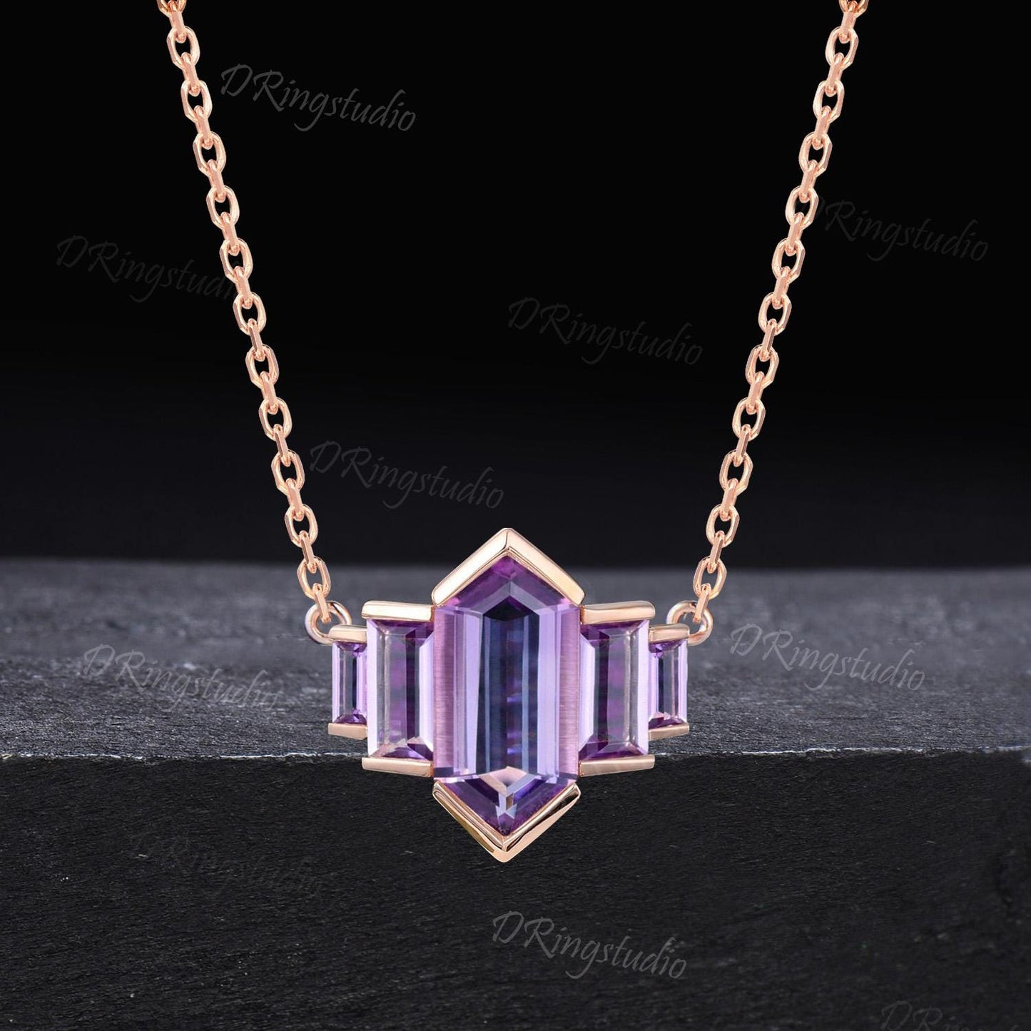 Rose Gold Elongated Long Hexagon Cut Amethyst Necklace Cluster Natural Amethyst Charm Pendant Unique Bezel Set Step Cut Baguette Necklace
