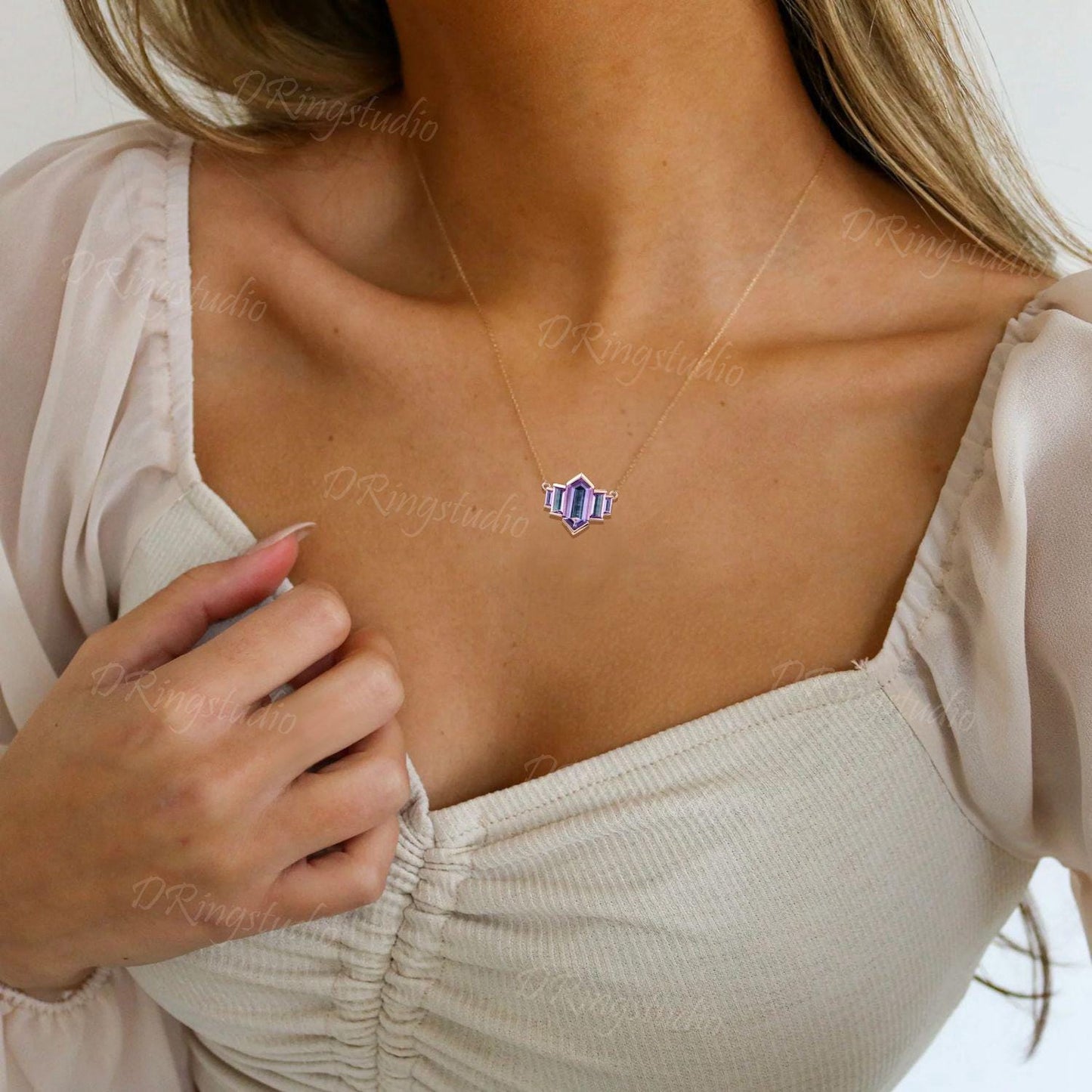 Rose Gold Elongated Long Hexagon Cut Amethyst Necklace Cluster Natural Amethyst Charm Pendant Unique Bezel Set Step Cut Baguette Necklace