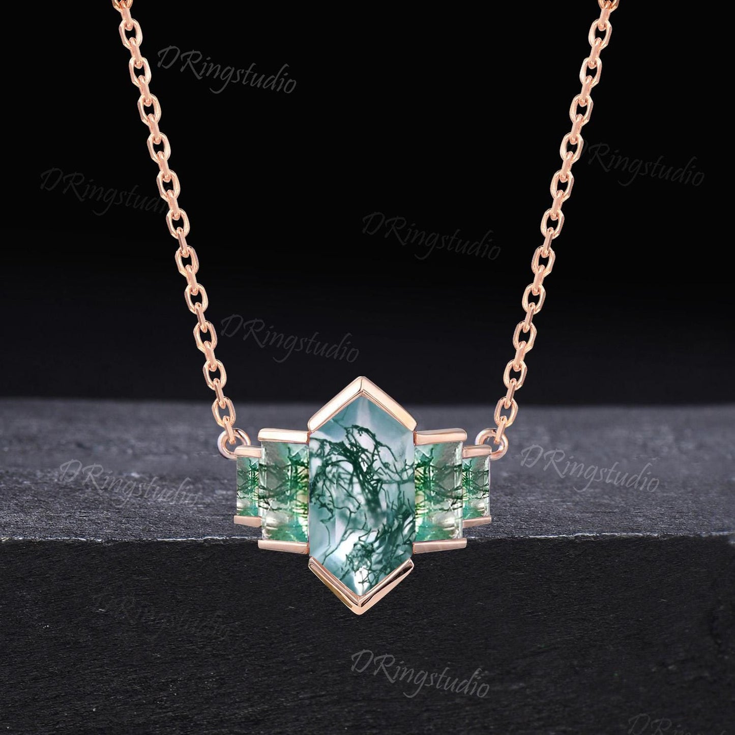 Long Hexagon Cut Natural Moss Agate Necklace Cluster Green Moss Pendant Necklace 14k Rose Gold Bezel Set Necklace Anniversary Gift For Women