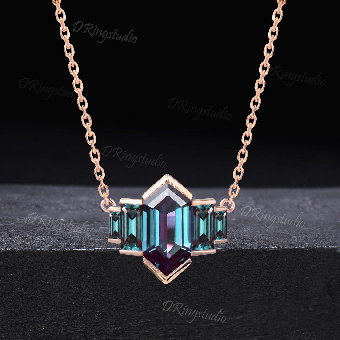 Unique Elongated Long Hexagon Cut Alexandrite Necklace Bezel Set Alexandrite Pendant 14k Rose Gold Step Cut Baguette Necklace Proposal Gift