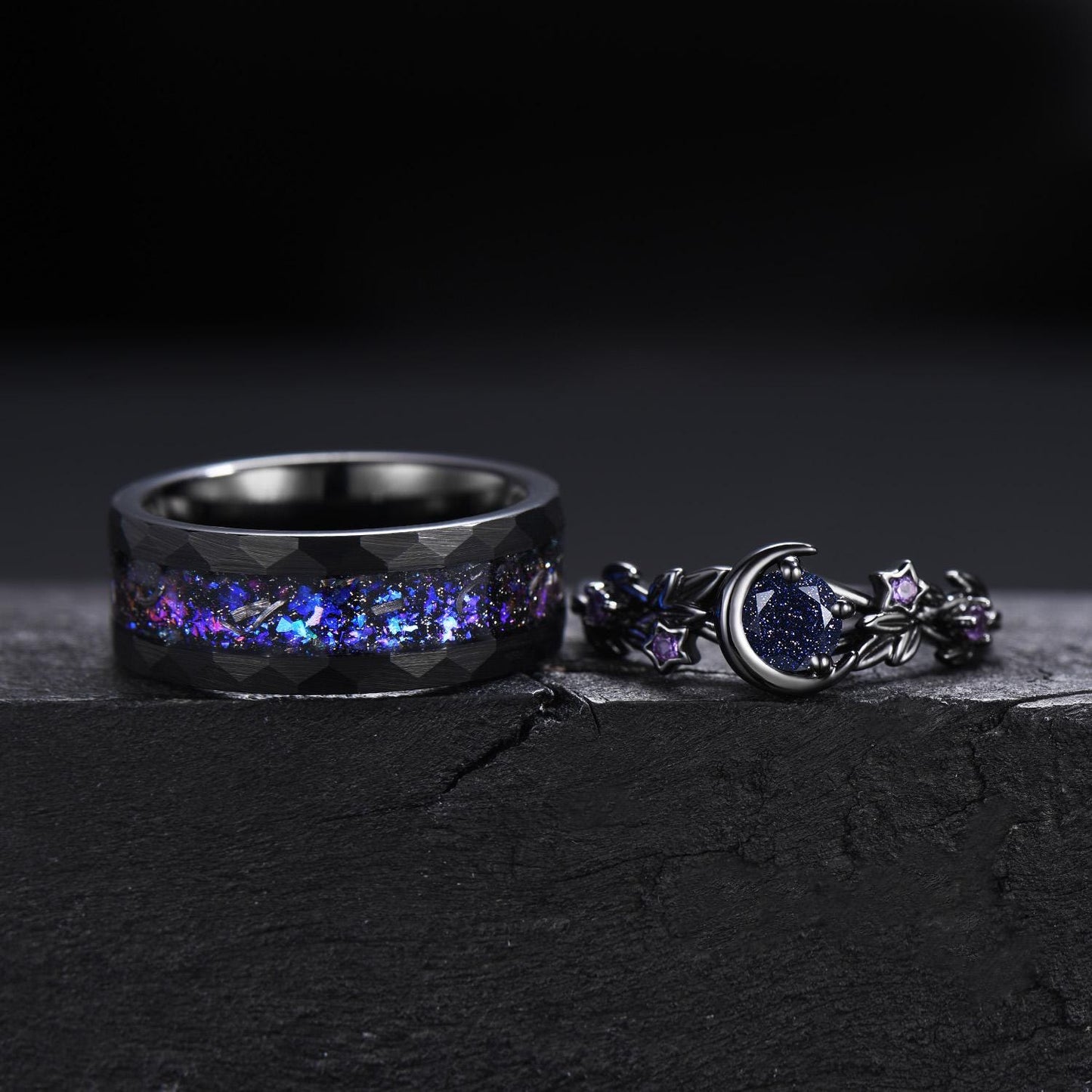Gothic Nebula Couple Ring Set Galaxy Blue Sandstone Moon Engagement Ring Black Tungsten Ring His and Hers Matching Wedding Band Promise Gift