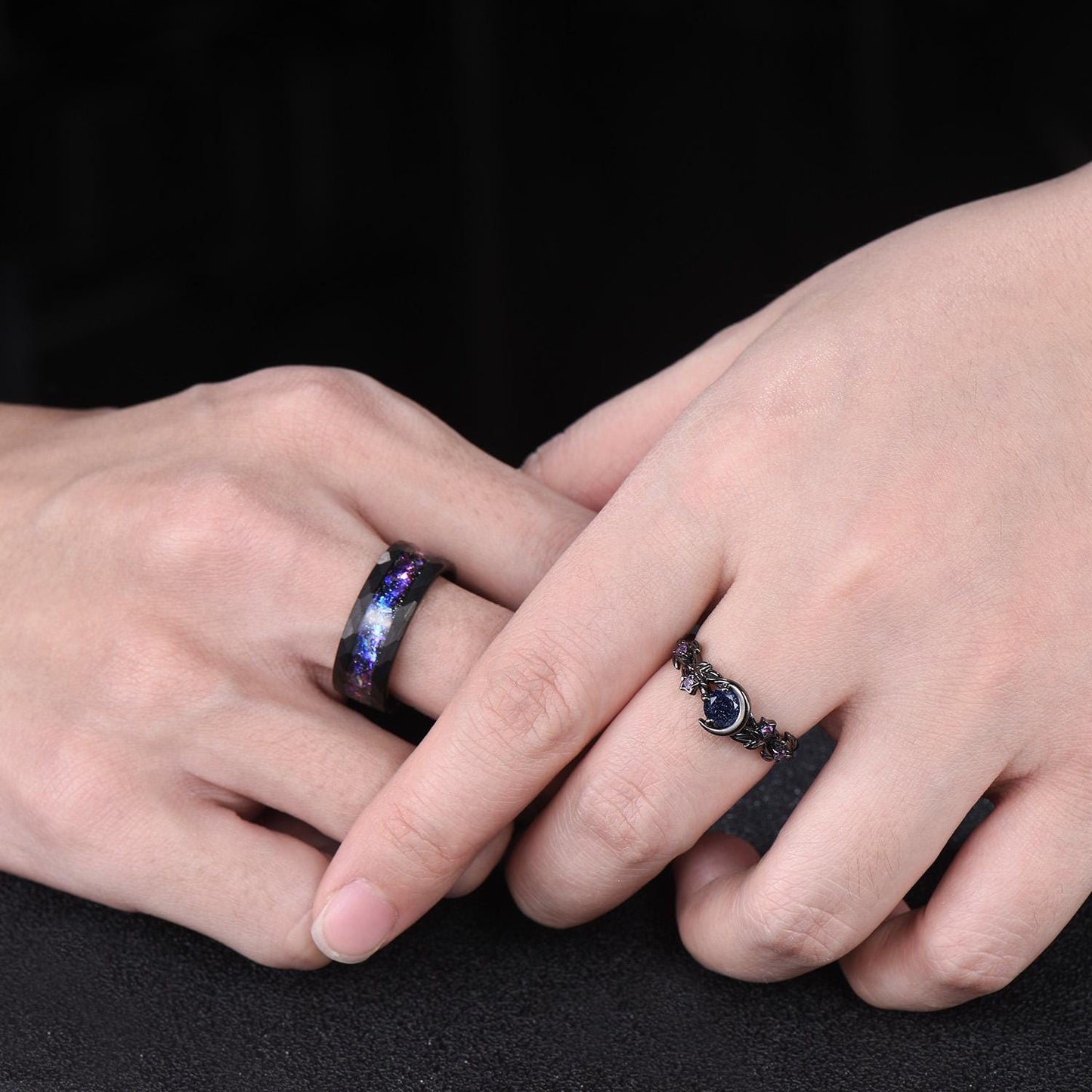 Gothic Nebula Couple Ring Set Galaxy Blue Sandstone Moon Engagement Ring Black Tungsten Ring His and Hers Matching Wedding Band Promise Gift
