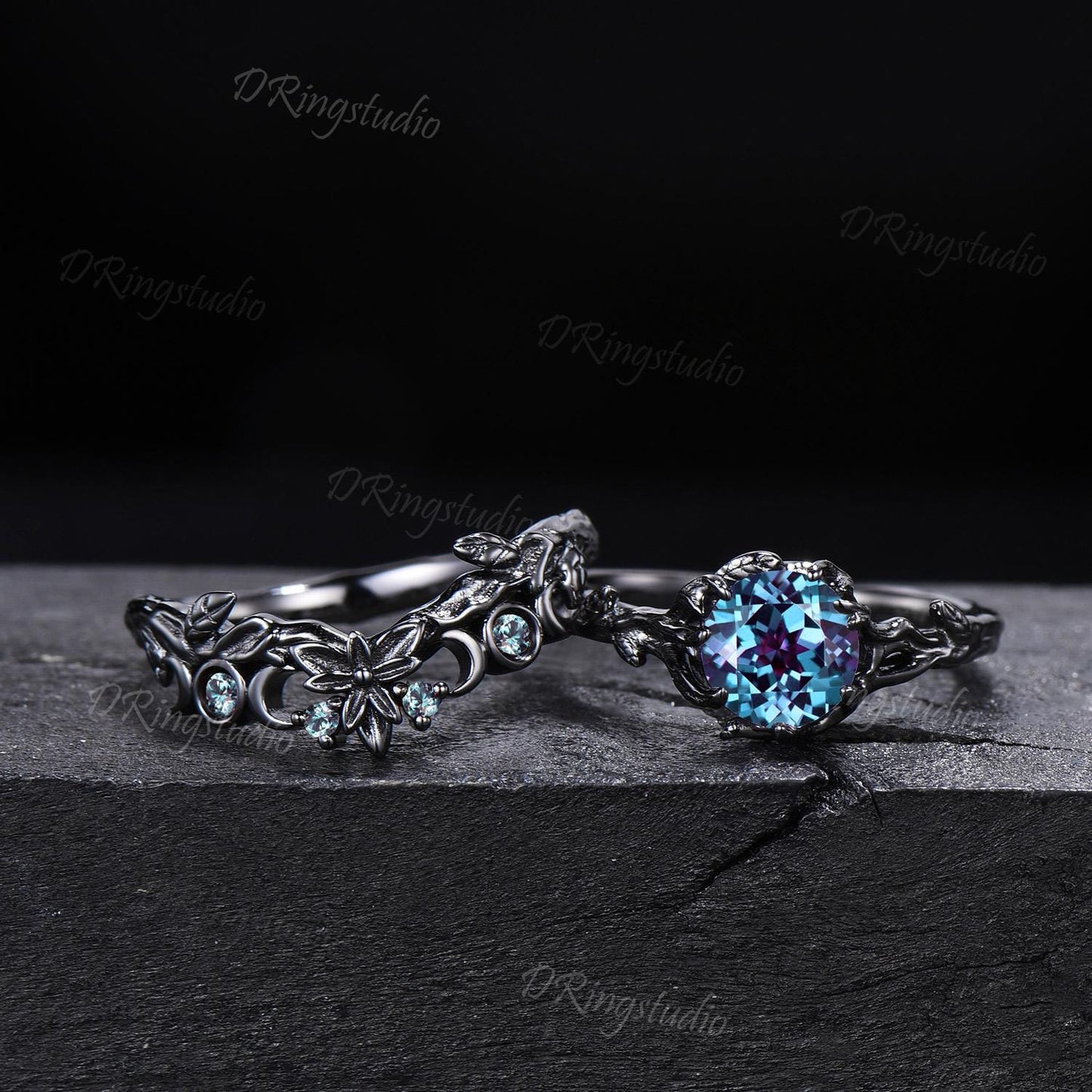 Black GoldGothic Alexandrite Wedding Ring Goth Engagement Ring Leaf Branch Bridal Ring Set June Birthstone Witchy Jewelry