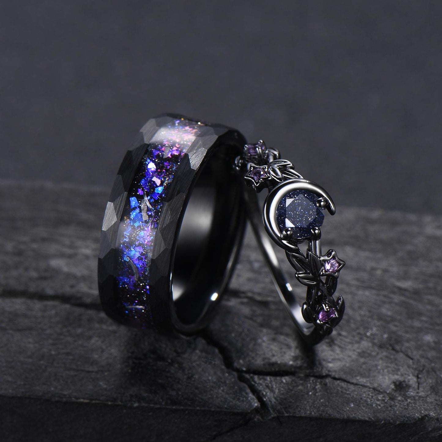 Gothic Nebula Couple Ring Set Galaxy Blue Sandstone Moon Engagement Ring Black Tungsten Ring His and Hers Matching Wedding Band Promise Gift