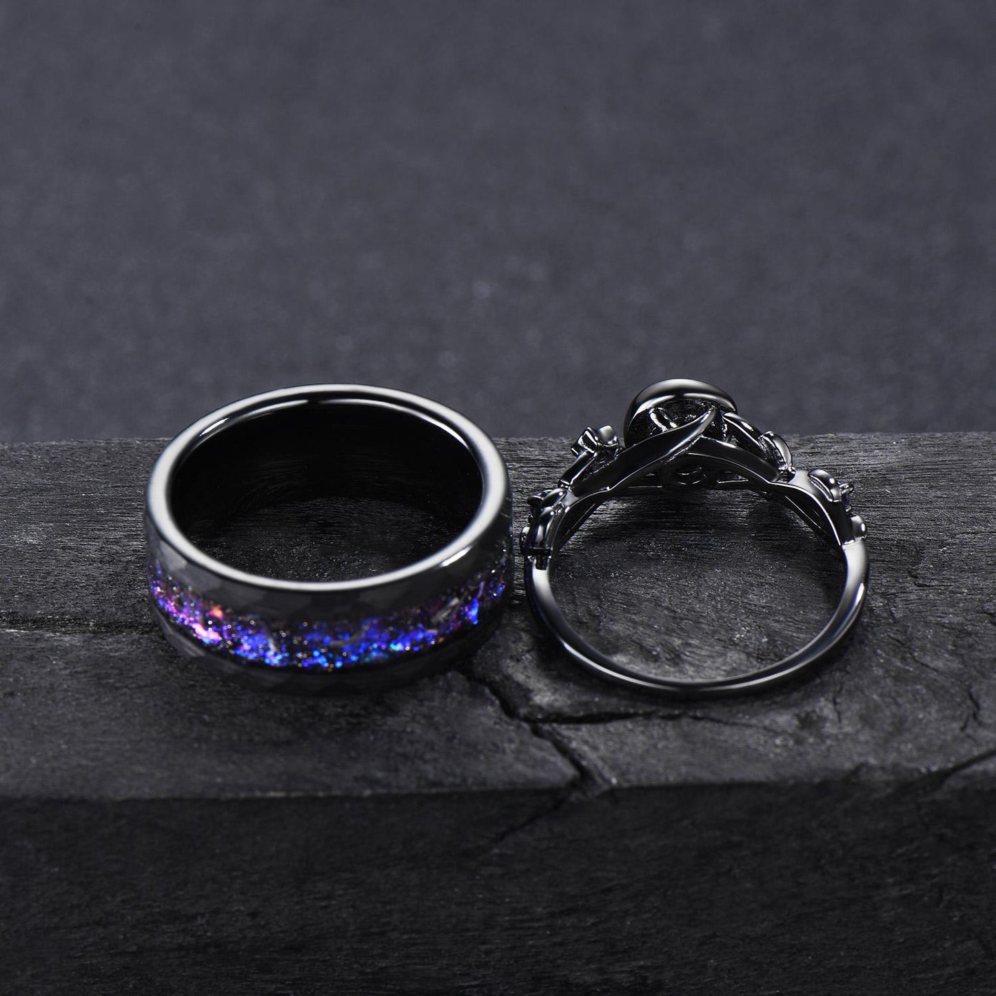 Gothic Nebula Couple Ring Set Galaxy Blue Sandstone Moon Engagement Ring Black Tungsten Ring His and Hers Matching Wedding Band Promise Gift