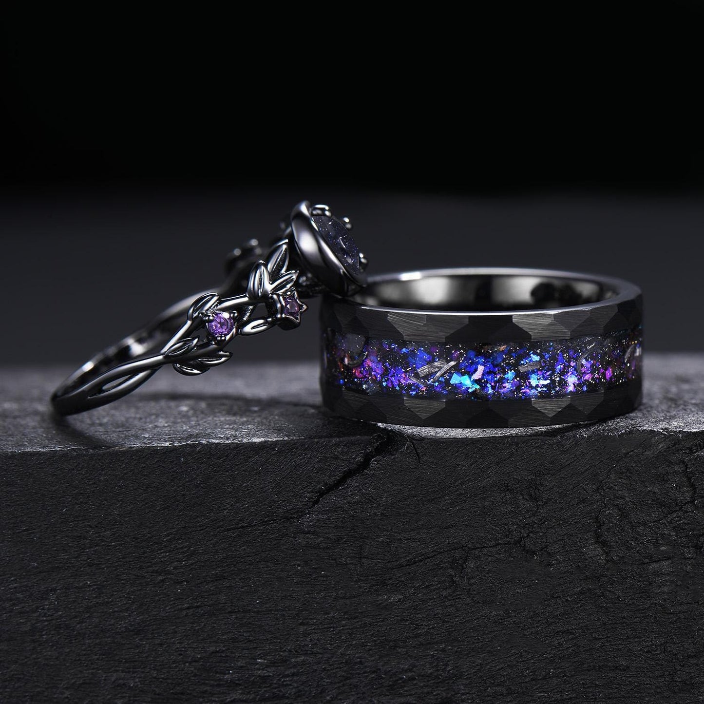 Gothic Nebula Couple Ring Set Galaxy Blue Sandstone Moon Engagement Ring Black Tungsten Ring His and Hers Matching Wedding Band Promise Gift