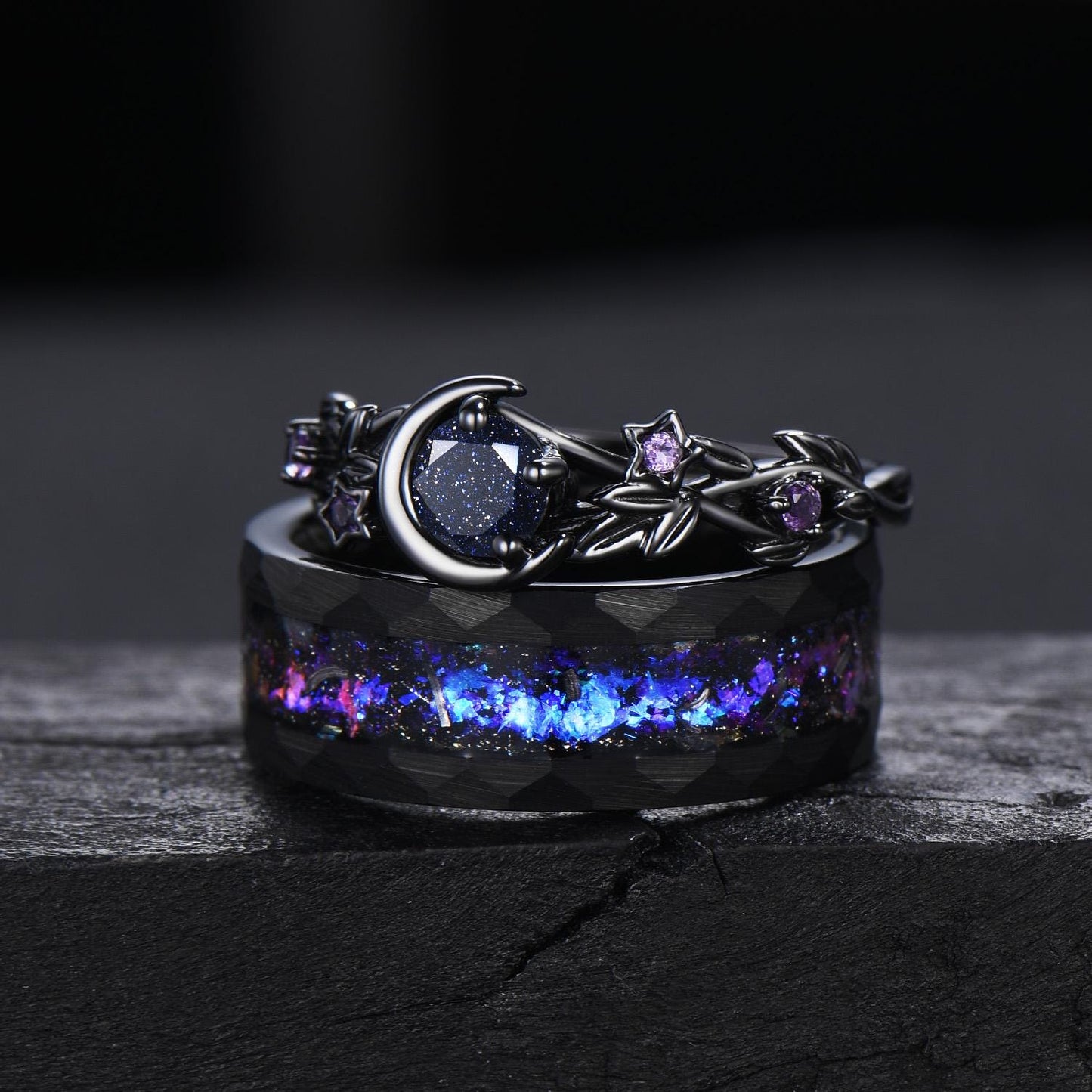 Gothic Nebula Couple Ring Set Galaxy Blue Sandstone Moon Engagement Ring Black Tungsten Ring His and Hers Matching Wedding Band Promise Gift