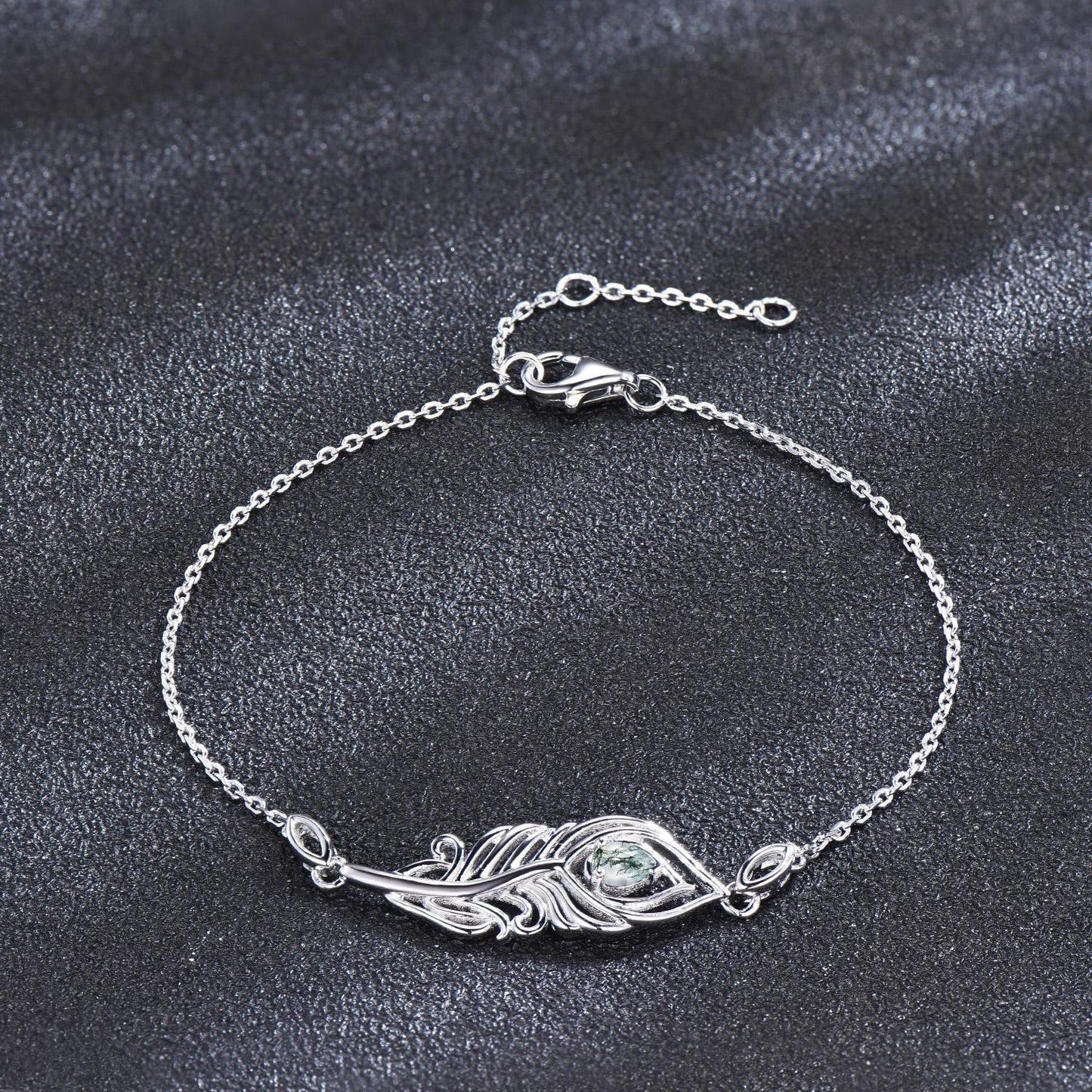 Unique Peacock Feather Charm Bracelet Dainty Natural Moss Agate Wedding Bracelet White Gold Boho Style Bracelet Promise Gift Jewelry for Her