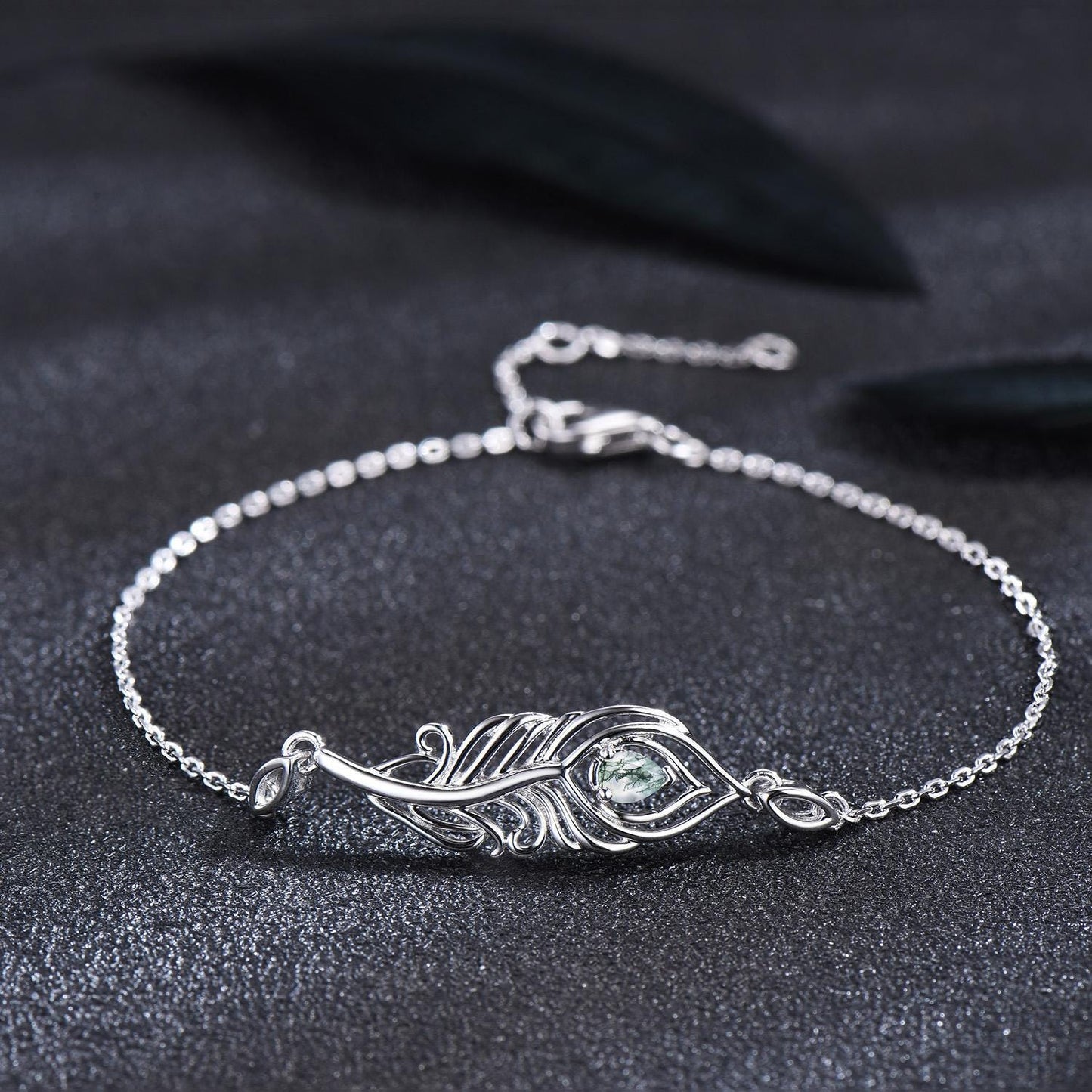 Unique Peacock Feather Charm Bracelet Dainty Natural Moss Agate Wedding Bracelet White Gold Boho Style Bracelet Promise Gift Jewelry for Her