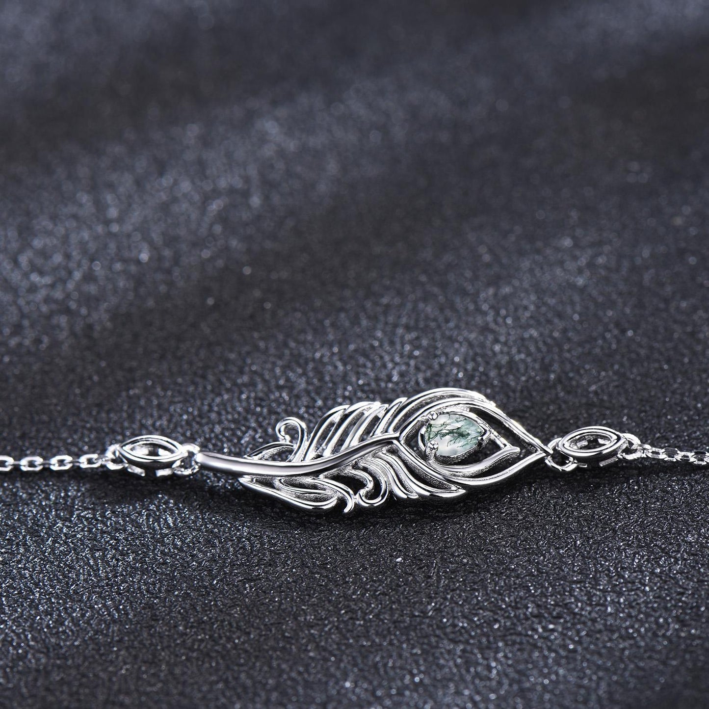 Unique Peacock Feather Charm Bracelet Dainty Natural Moss Agate Wedding Bracelet White Gold Boho Style Bracelet Promise Gift Jewelry for Her