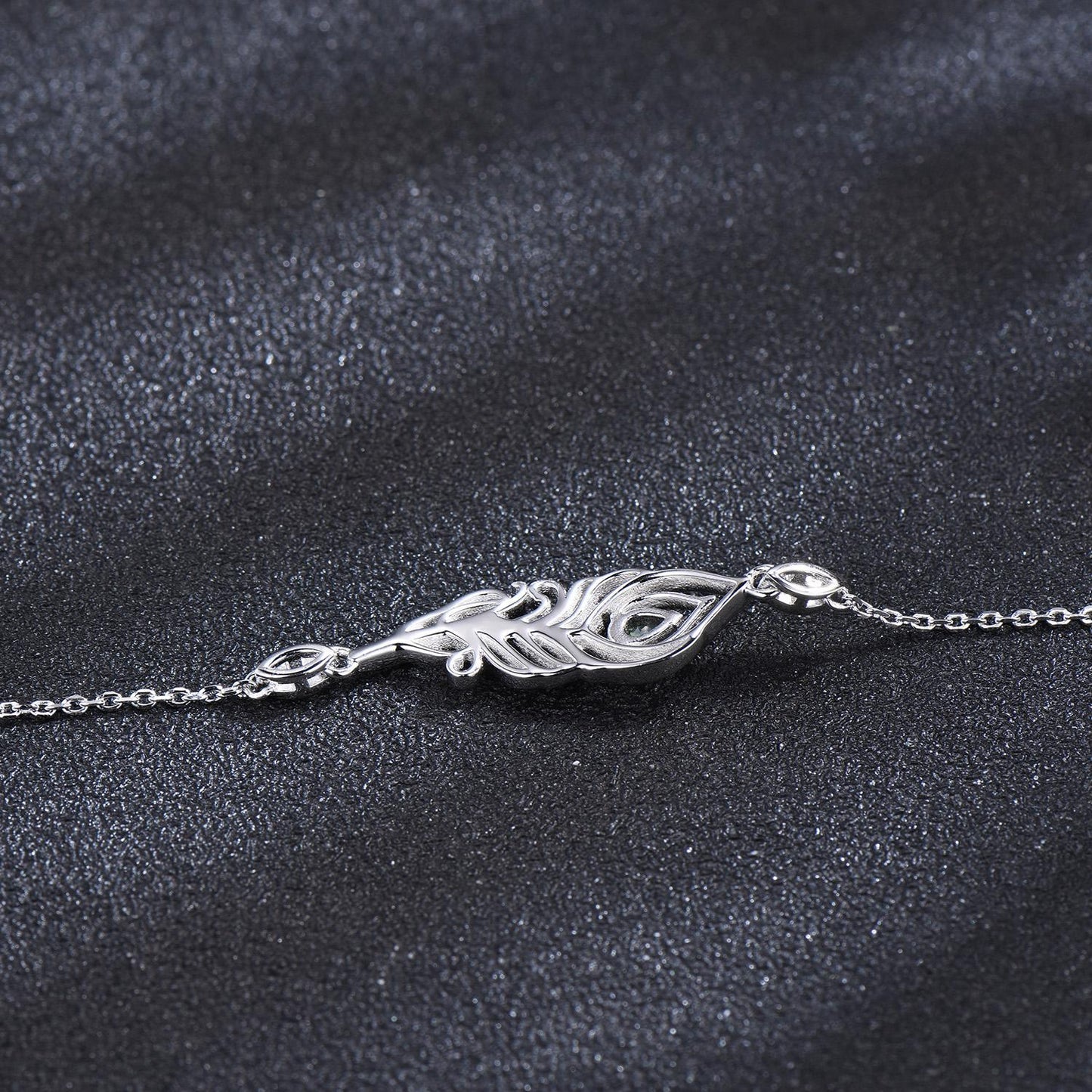 Unique Peacock Feather Charm Bracelet Dainty Natural Moss Agate Wedding Bracelet White Gold Boho Style Bracelet Promise Gift Jewelry for Her