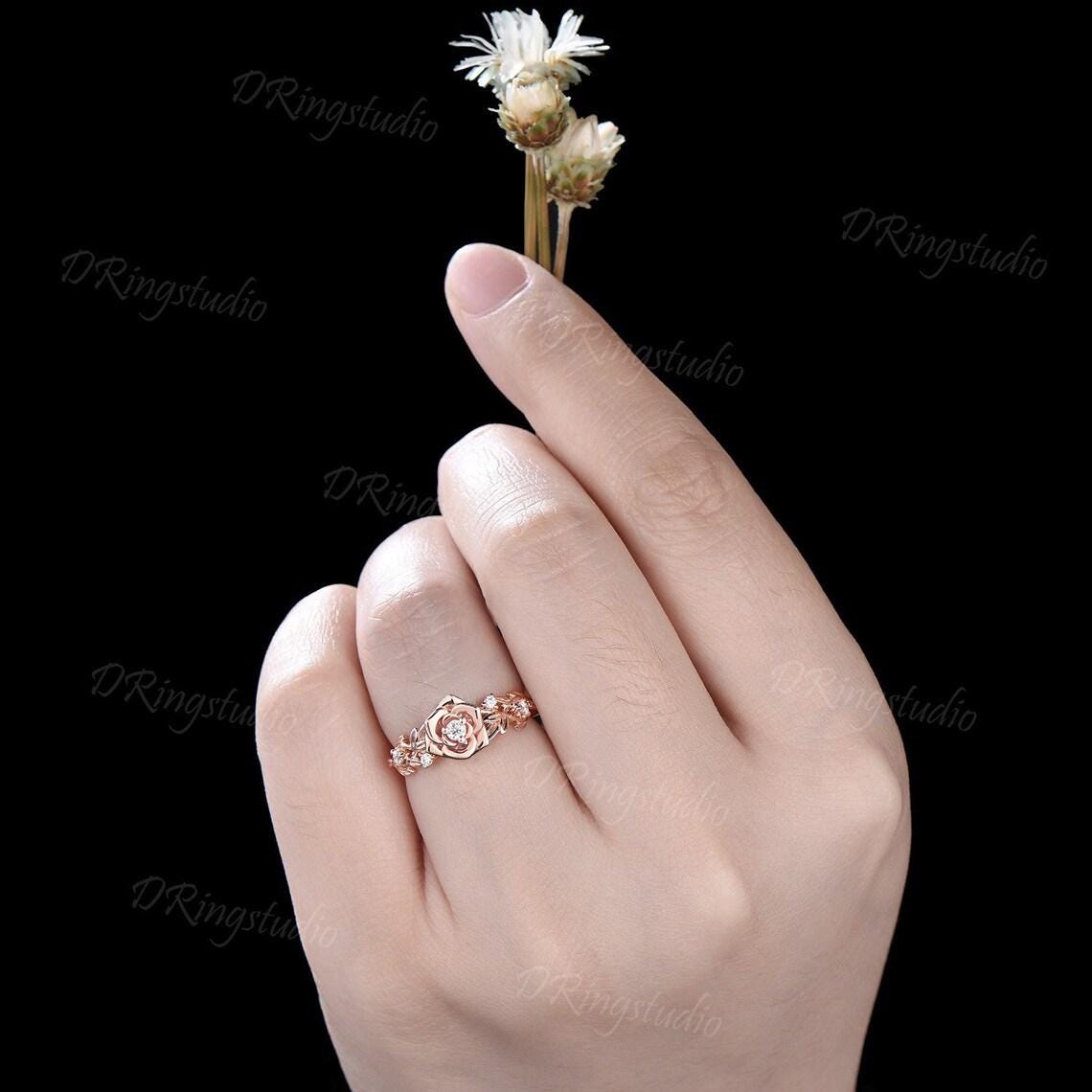 Nature inspired Round Diamond Engagement Ring Floral Wedding Ring Rose Gold Moissanite Ring Leaf Branch Bridal Set Anniversary Gift for Her