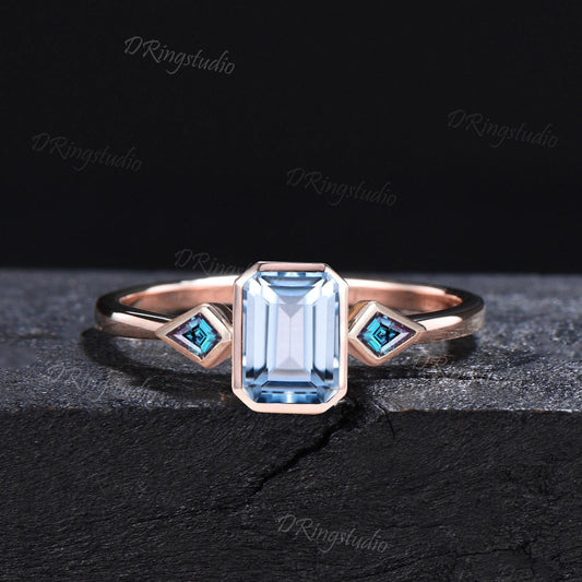 2CT Emerald Cut Natural Aquamarine Engagement Ring Vintage Bezel Set Three Stone Promise Ring for Women 14k Rose Gold March Birthstone Ring