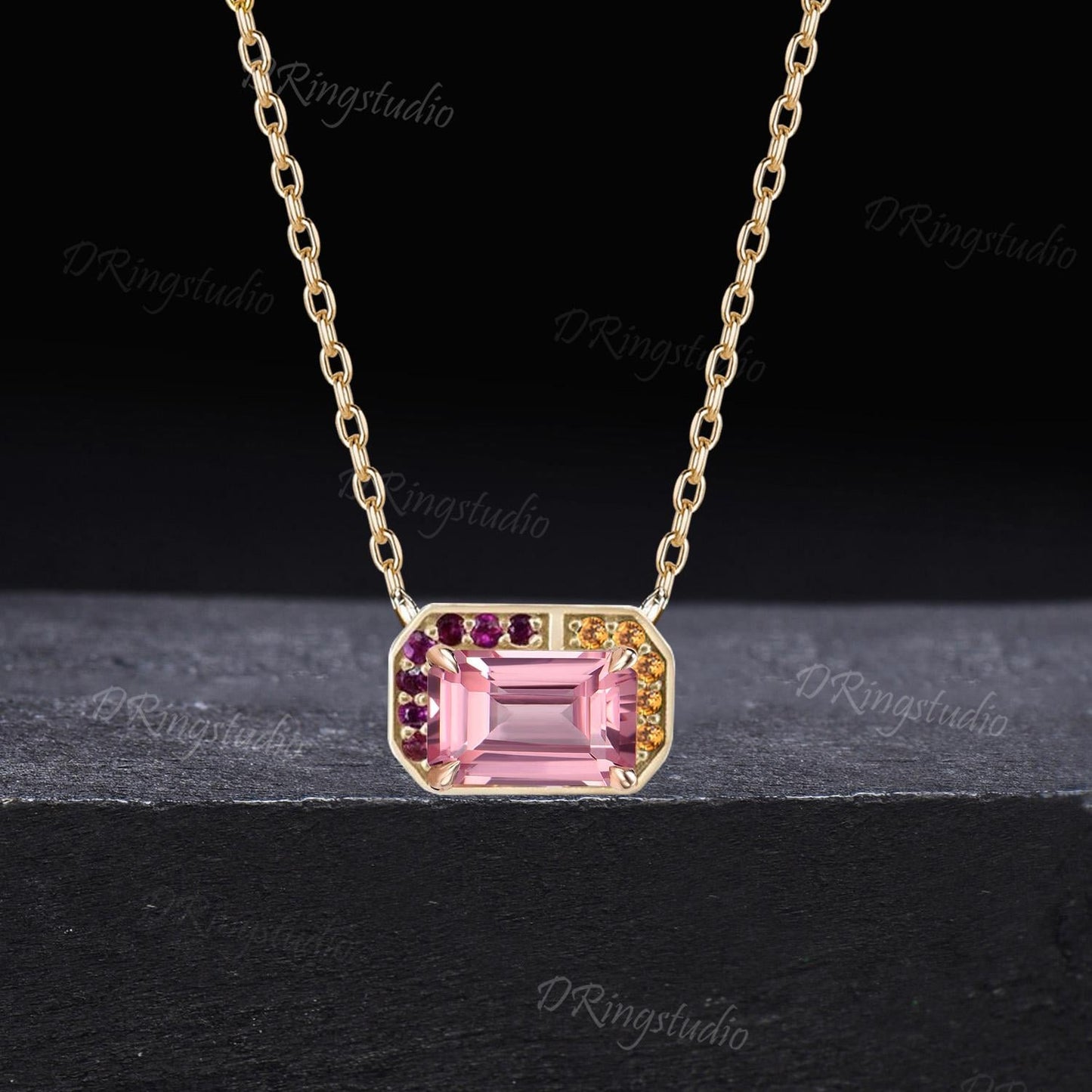 Delicate Emerald Cut Pink Sapphire Pendant Necklace Solid Yellow Gold Bezel Set Necklace Cluster Citrine Amethyst Wedding Pendant Women Gift