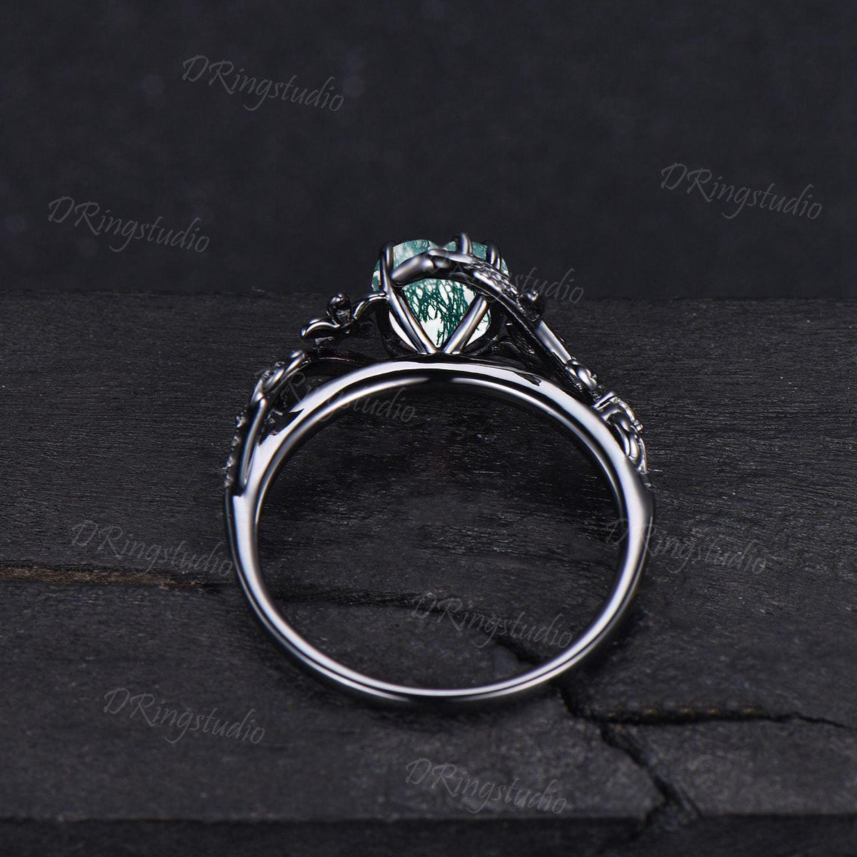 Heart Cut Natural Moss Agate Engagement Ring Black Gold Green Moss Floral Wedding Ring Snake Diamond Ring Witchy Ring Proposal Gift for Her