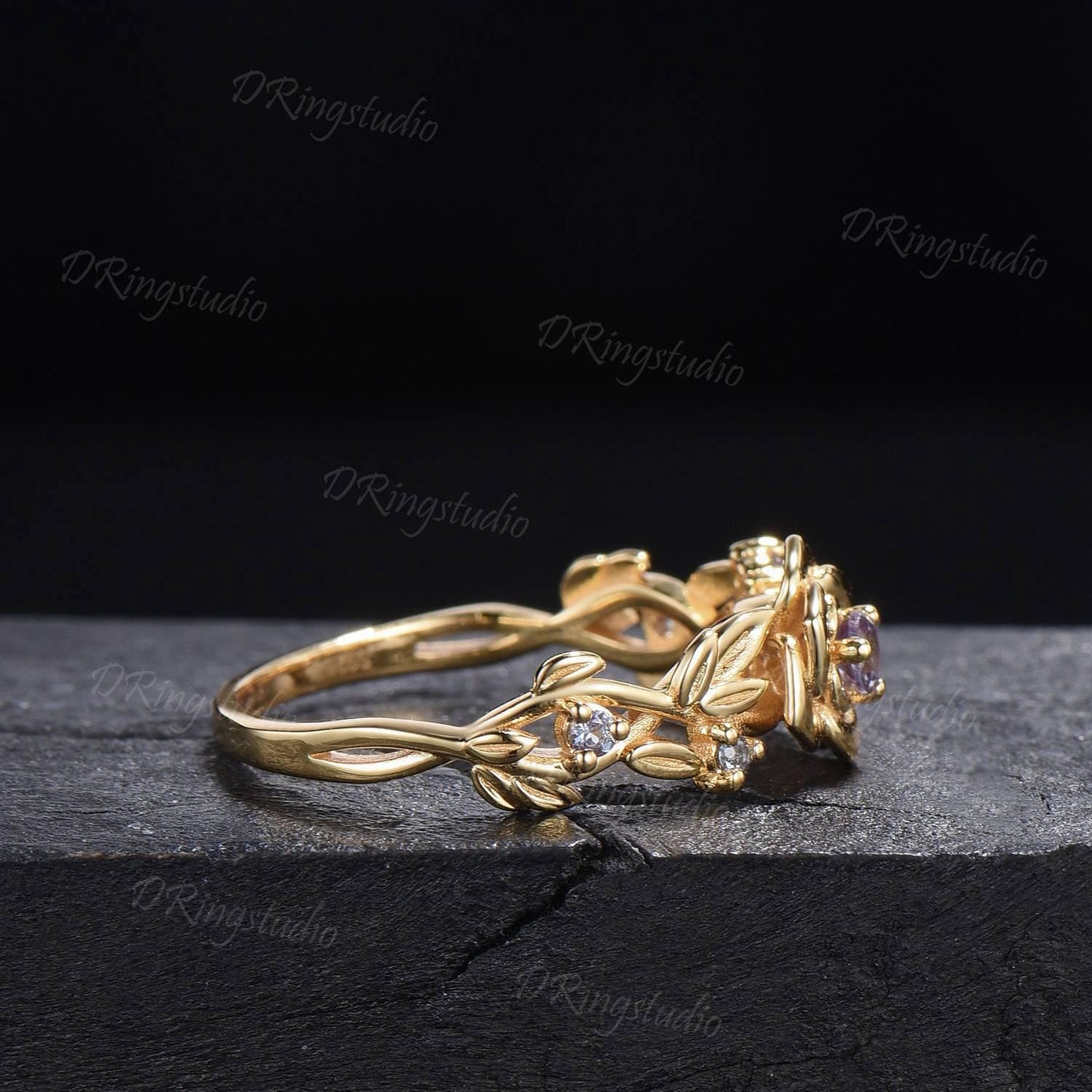 Nature inspired Round Diamond Engagement Ring Floral Wedding Ring Rose Gold Moissanite Ring Leaf Branch Bridal Set Anniversary Gift for Her