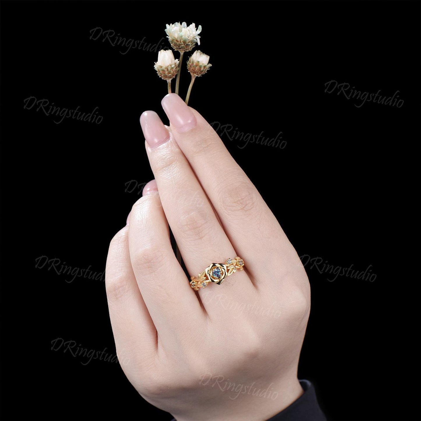 Nature inspired Round Diamond Engagement Ring Floral Wedding Ring Rose Gold Moissanite Ring Leaf Branch Bridal Set Anniversary Gift for Her