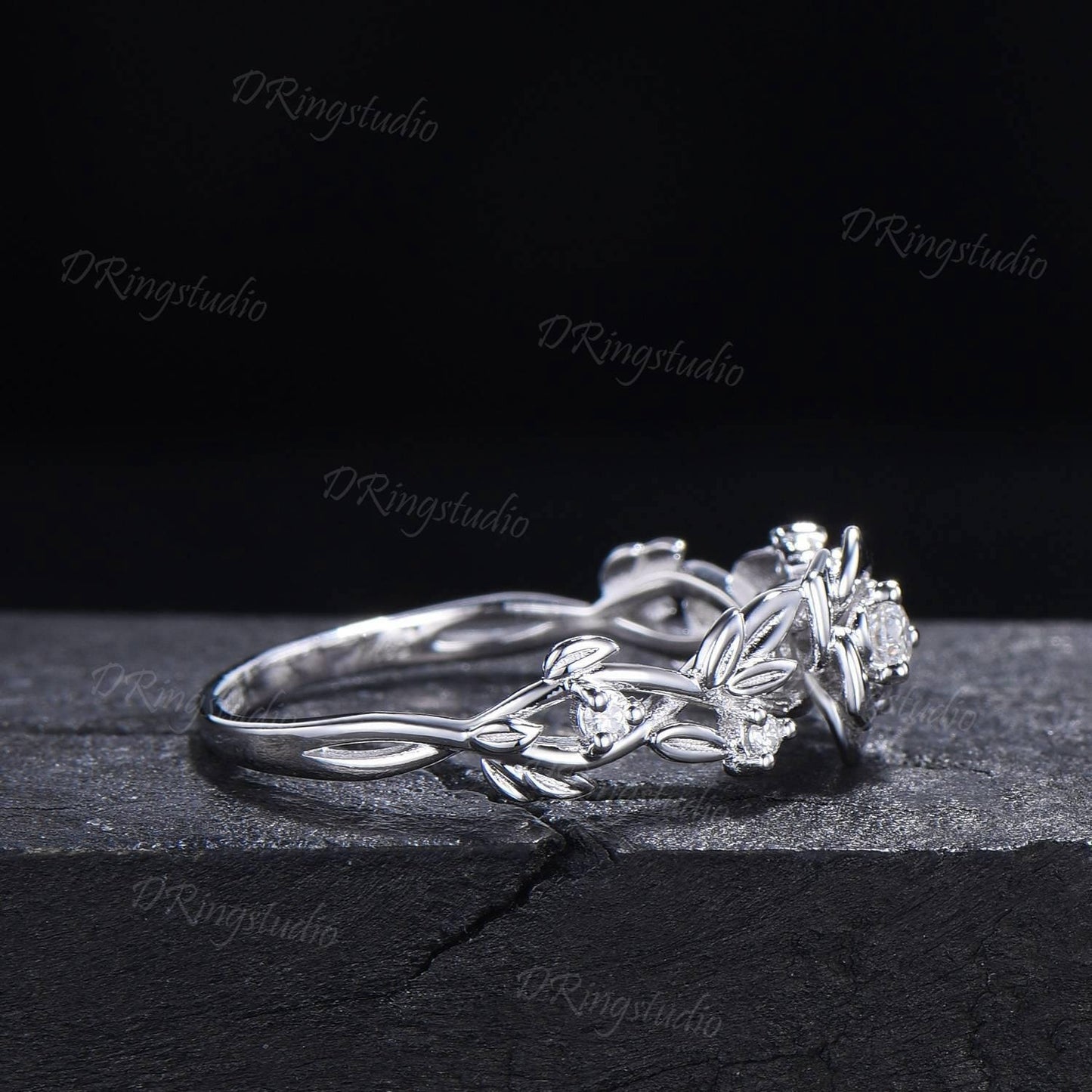 Nature inspired Round Diamond Engagement Ring Floral Wedding Ring Rose Gold Moissanite Ring Leaf Branch Bridal Set Anniversary Gift for Her