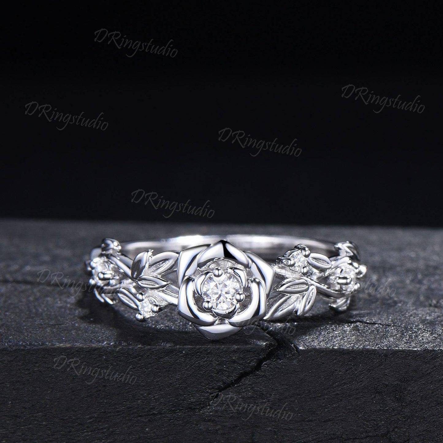 Nature inspired Round Diamond Engagement Ring Floral Wedding Ring Rose Gold Moissanite Ring Leaf Branch Bridal Set Anniversary Gift for Her