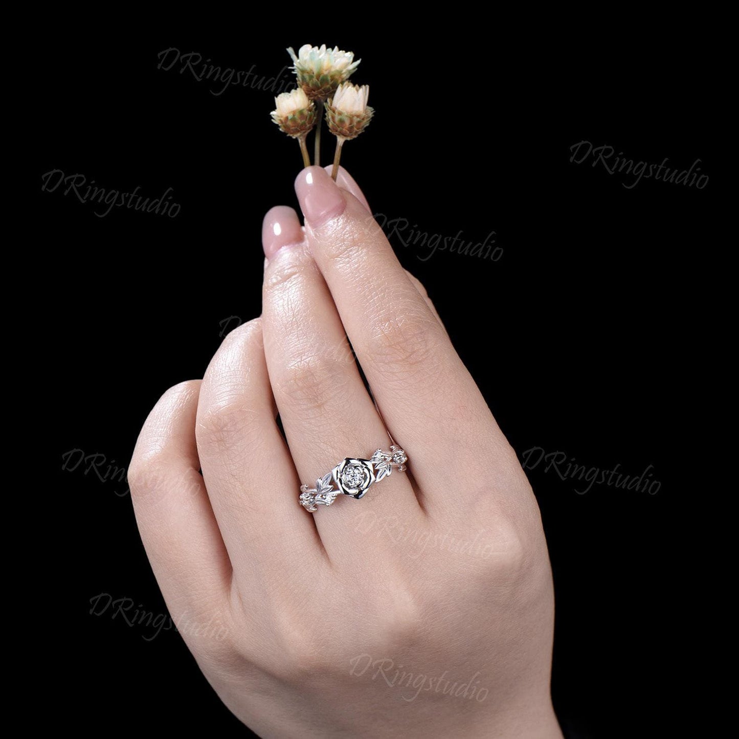Nature inspired Round Diamond Engagement Ring Floral Wedding Ring Rose Gold Moissanite Ring Leaf Branch Bridal Set Anniversary Gift for Her