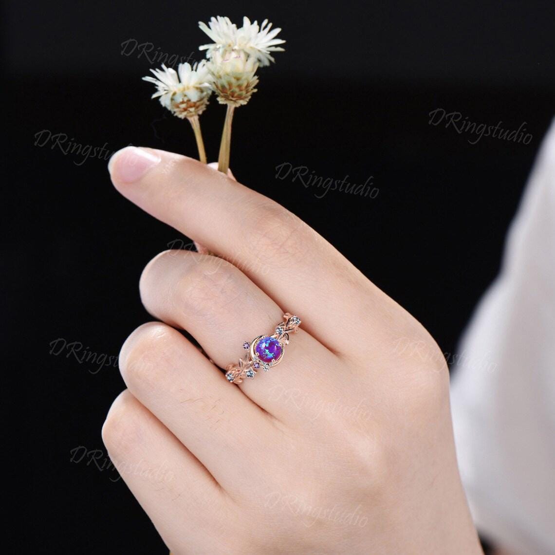 Vintage Round Lavender Purple Opal Engagement Ring Rose Gold Moon Star Wedding Ring Amethyst Cluster Ring Purple Gemstone Ring Proposal Gift