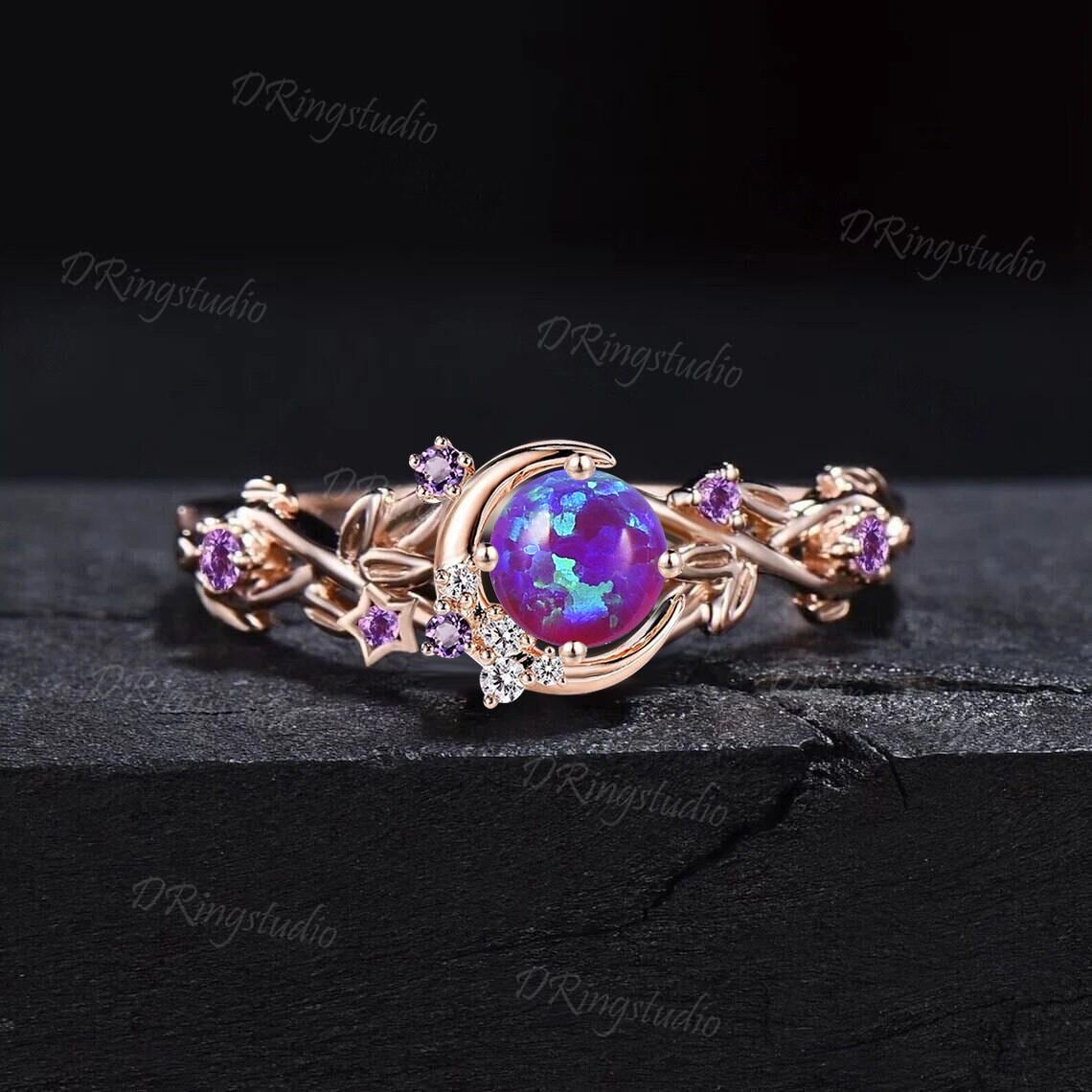 Vintage Round Lavender Purple Opal Engagement Ring Rose Gold Moon Star Wedding Ring Amethyst Cluster Ring Purple Gemstone Ring Proposal Gift