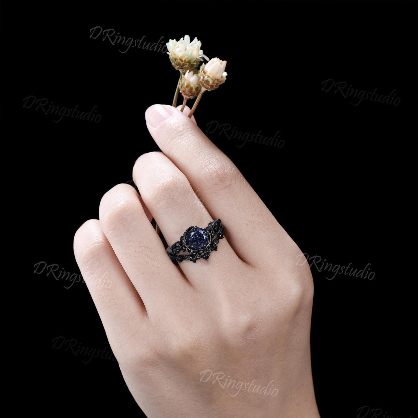 Black Gold Nebula Galaxy Ring Celestial Moon Blue Sandstone Engagement Ring Gothic Black Leaf Wedding Ring Cluster Black Spinel Promise Ring