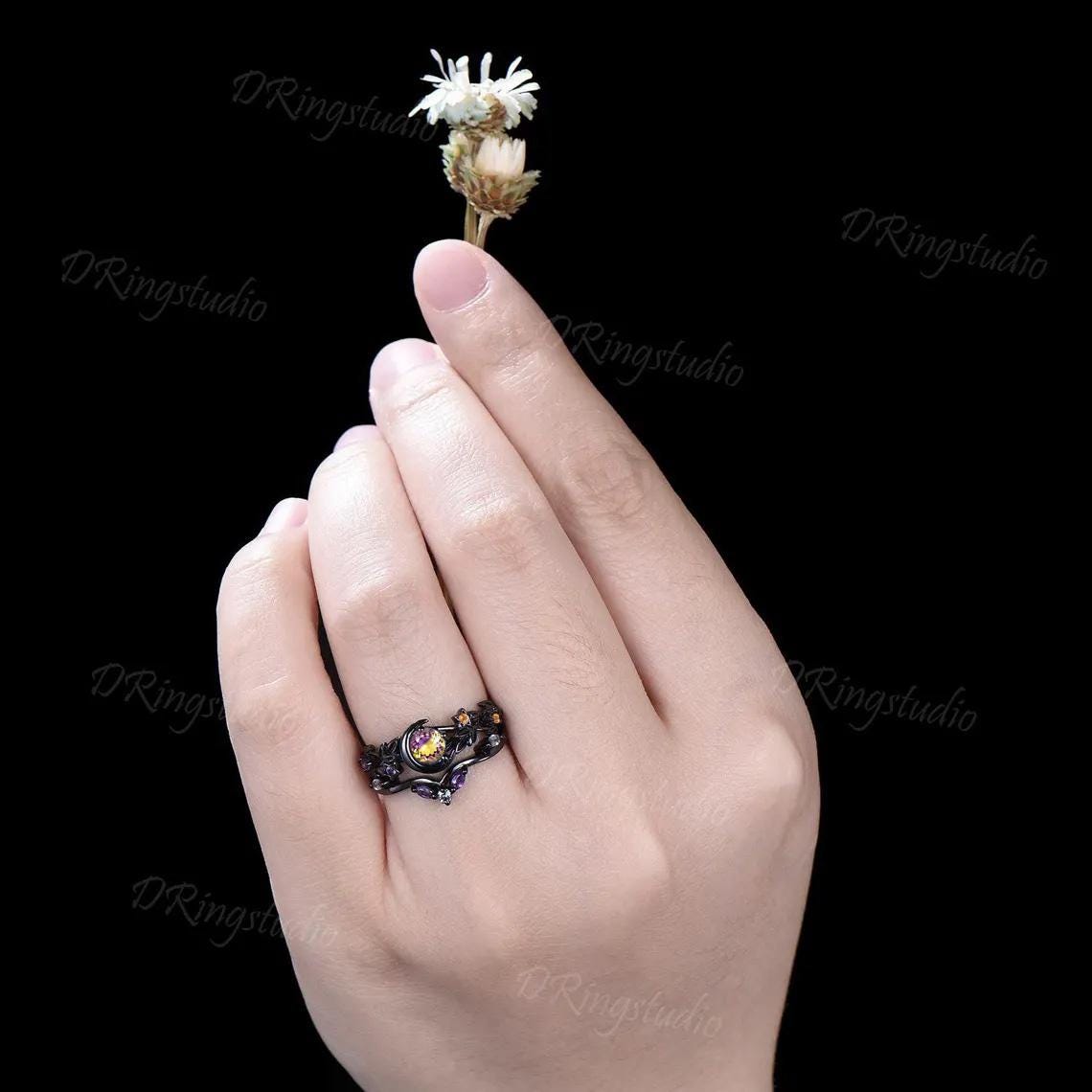 Black Gold Ametrine Ring Set Black Moon Star Galaxy Nebula Crystal Wedding Ring Set Cluster Citrine Amethyst Engagement Ring Leaf Bridal Set
