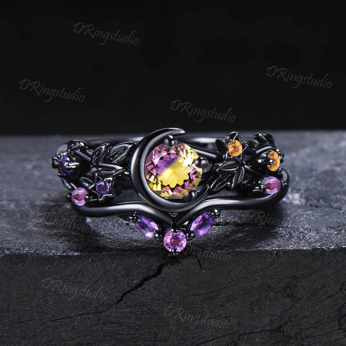 Black Gold Ametrine Ring Set Black Moon Star Galaxy Nebula Crystal Wedding Ring Set Cluster Citrine Amethyst Engagement Ring Leaf Bridal Set