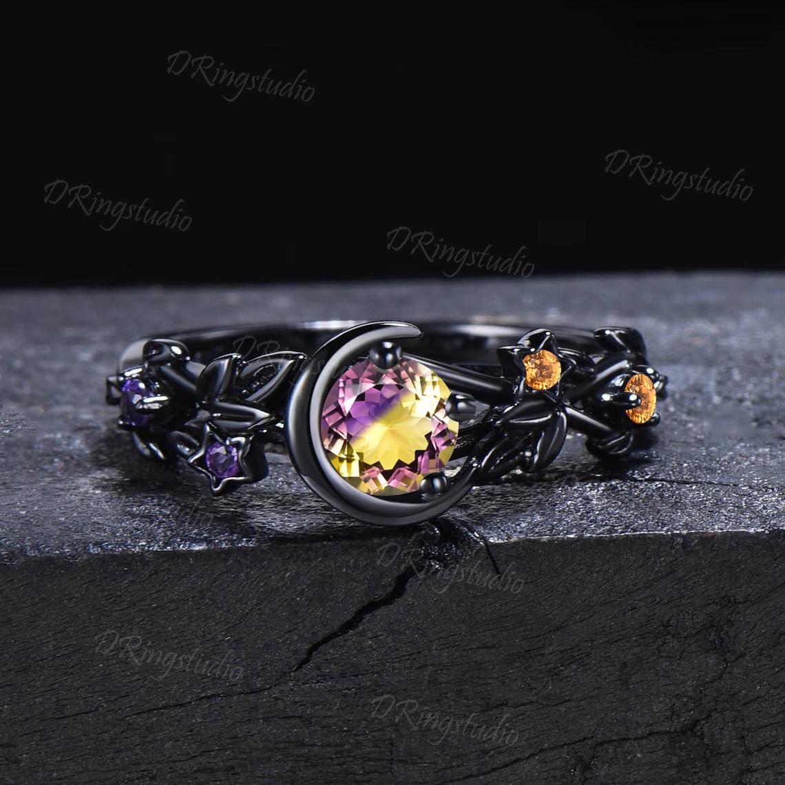 Black Gold Ametrine Ring Set Black Moon Star Galaxy Nebula Crystal Wedding Ring Set Cluster Citrine Amethyst Engagement Ring Leaf Bridal Set