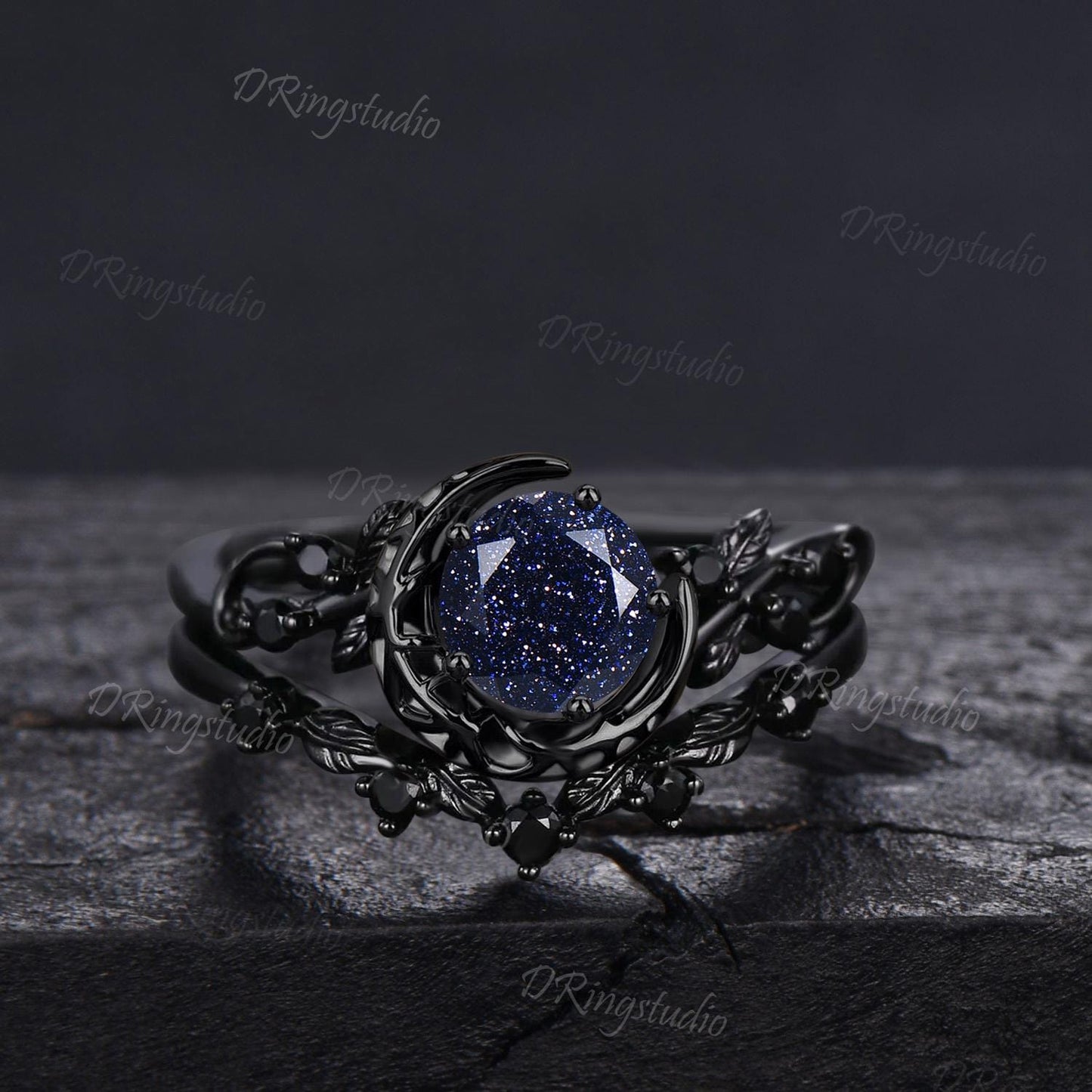 Black Gold Nebula Galaxy Ring Celestial Moon Blue Sandstone Engagement Ring Gothic Black Leaf Wedding Ring Cluster Black Spinel Promise Ring