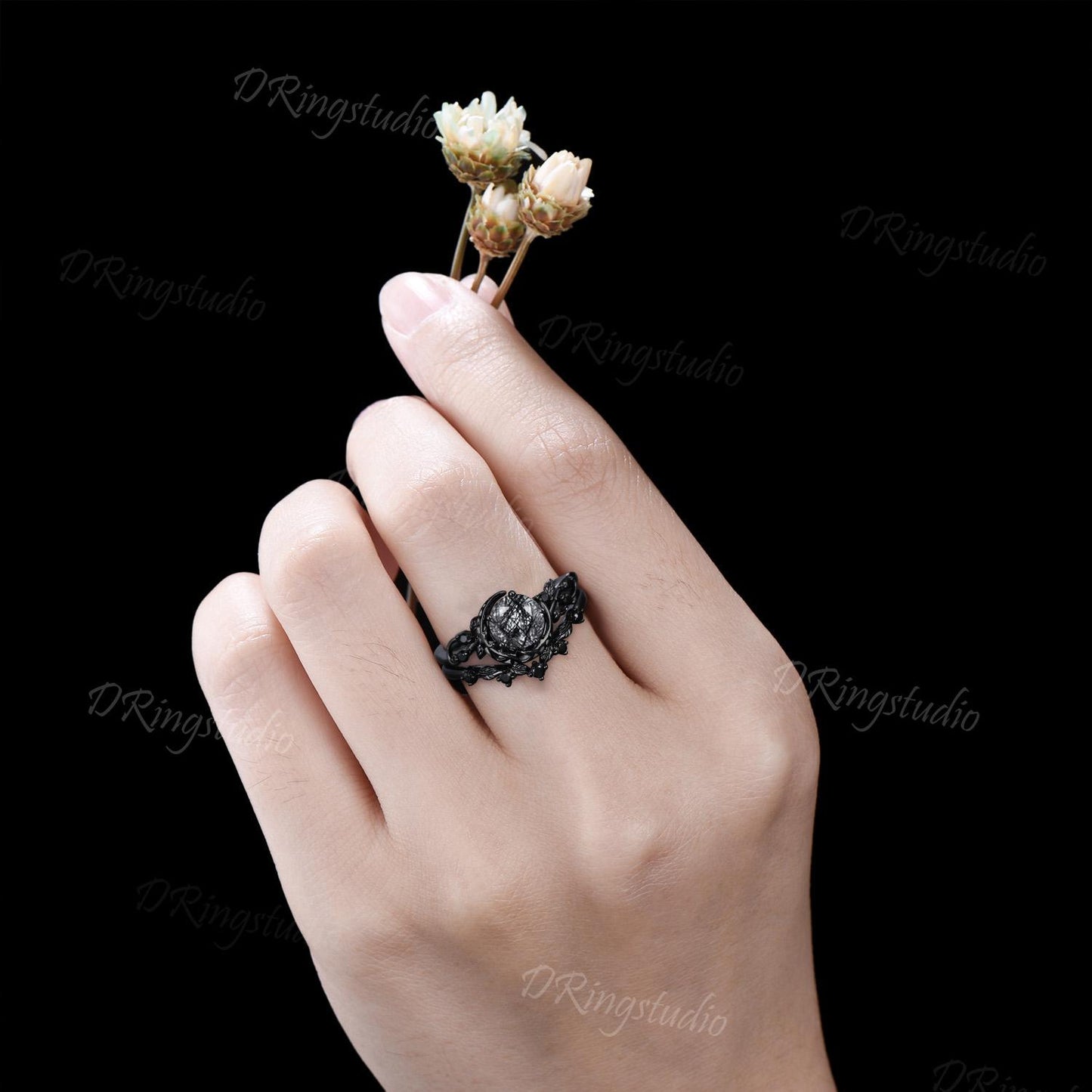 Celestial Moon Black Rutilated Quartz Engagement Ring Set Black Gold Wedding Ring Set Gothic Black Nature Inspired Twig Leaf 2pcs Bridal Set