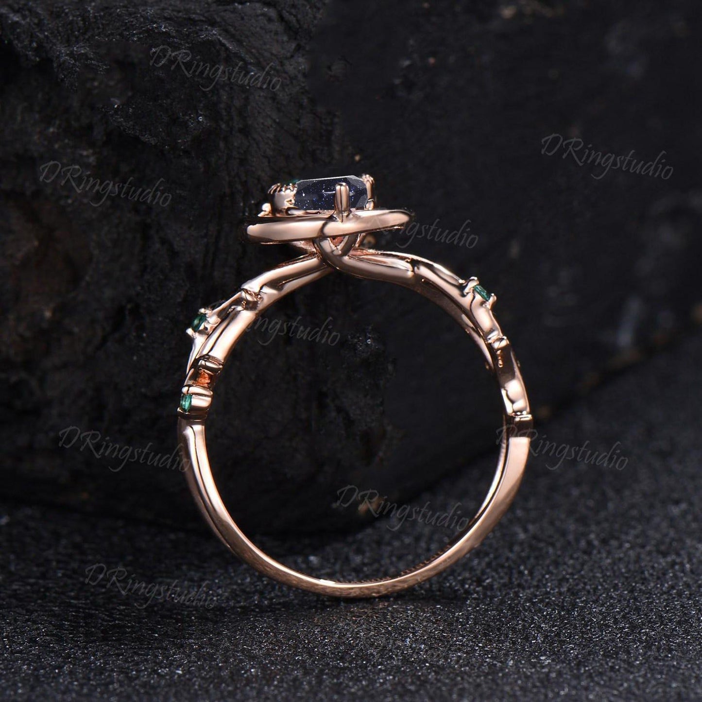 Nature Inspired Round Blue Sandstone Moon Engagement Ring Unique Galaxy Blue Goldstone Amethyst Promise Ring Rose Gold Wedding Ring For Her