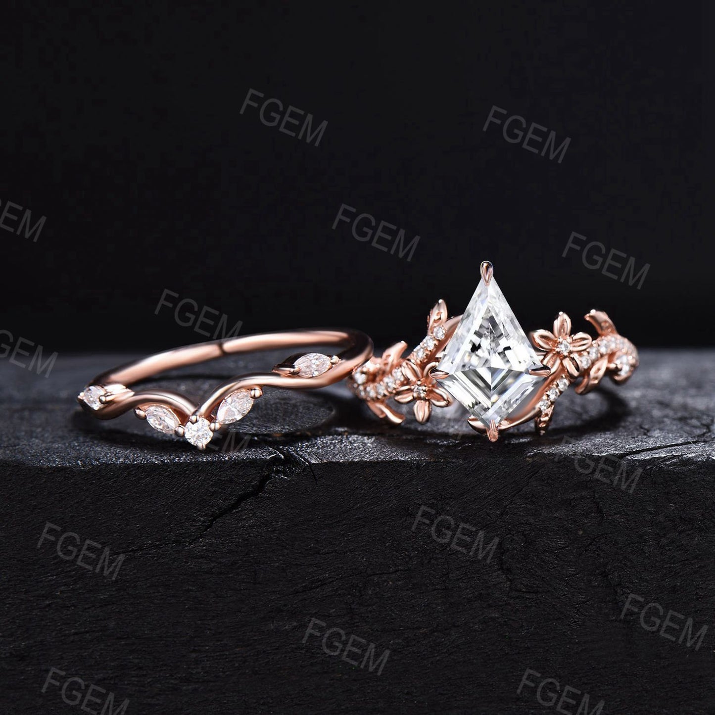 Twig Twist Kite Cut Moissanite Engagement Ring Dainty Floral Moissanite Wedding Ring Set Branch Leaf Ring 14k Rose Gold 2PCS Bridal Ring Set