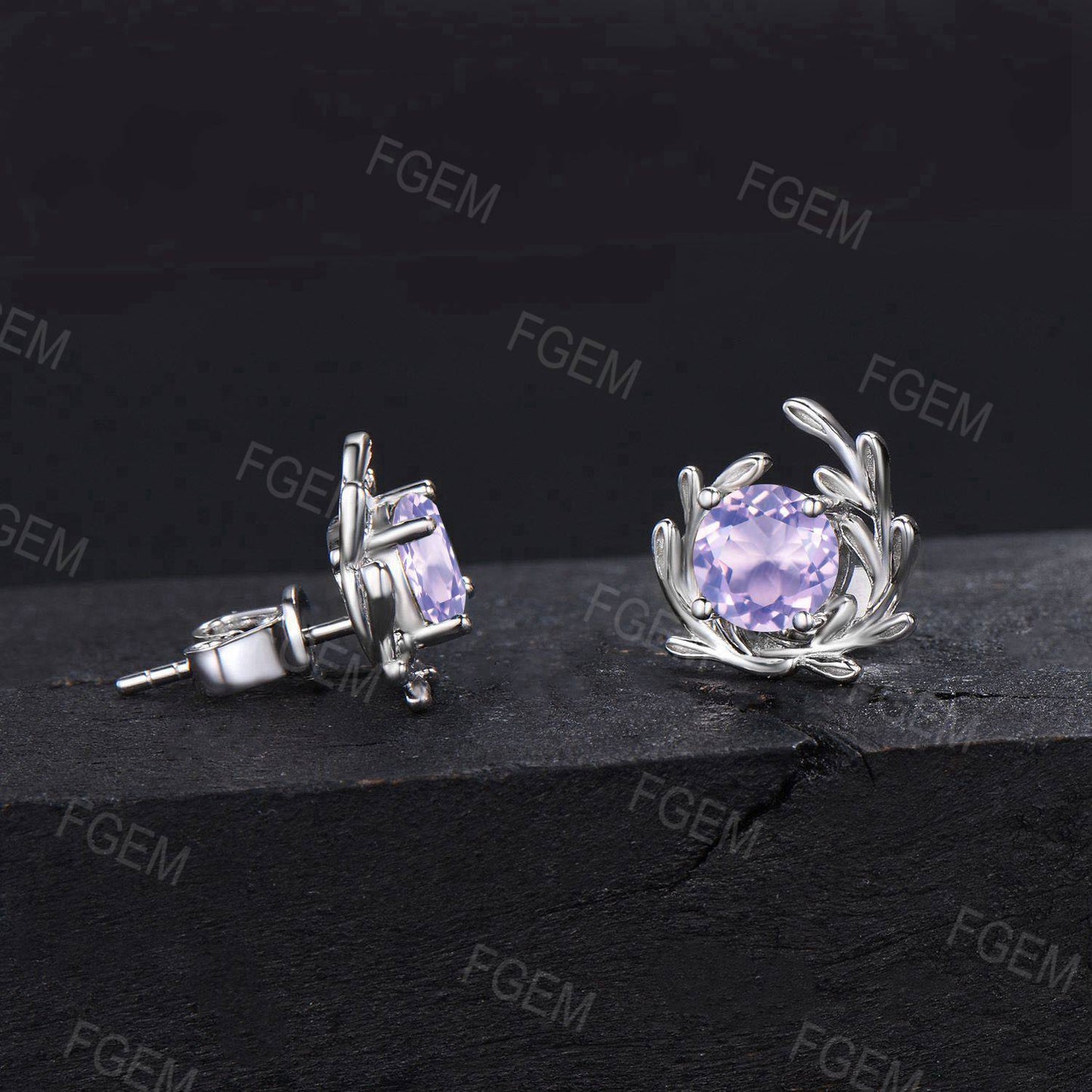 Natural Lavender Amethyst Leaf Earrings Unique Leaf Branch Stud Earrings Light Purple Crystal Solitaire Earring Nature Jewelry Proposal Gift