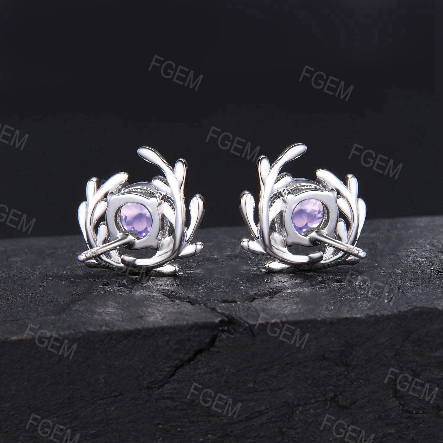 Natural Lavender Amethyst Leaf Earrings Unique Leaf Branch Stud Earrings Light Purple Crystal Solitaire Earring Nature Jewelry Proposal Gift